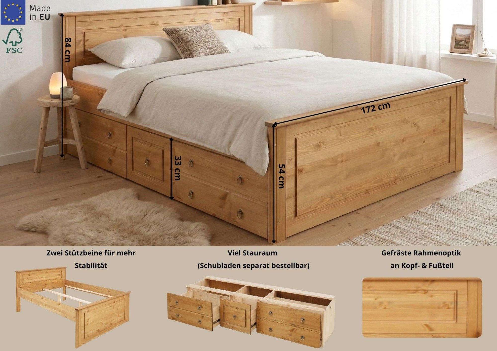 OTTO home Massivholzbett Hugo, FSC® zertifiziert, Landhausstil, zeitlos und edel (auch als Super Sparset inklusive Schubkästen), Stauraumbett, extra belastbar, Made in EU, viele Breiten