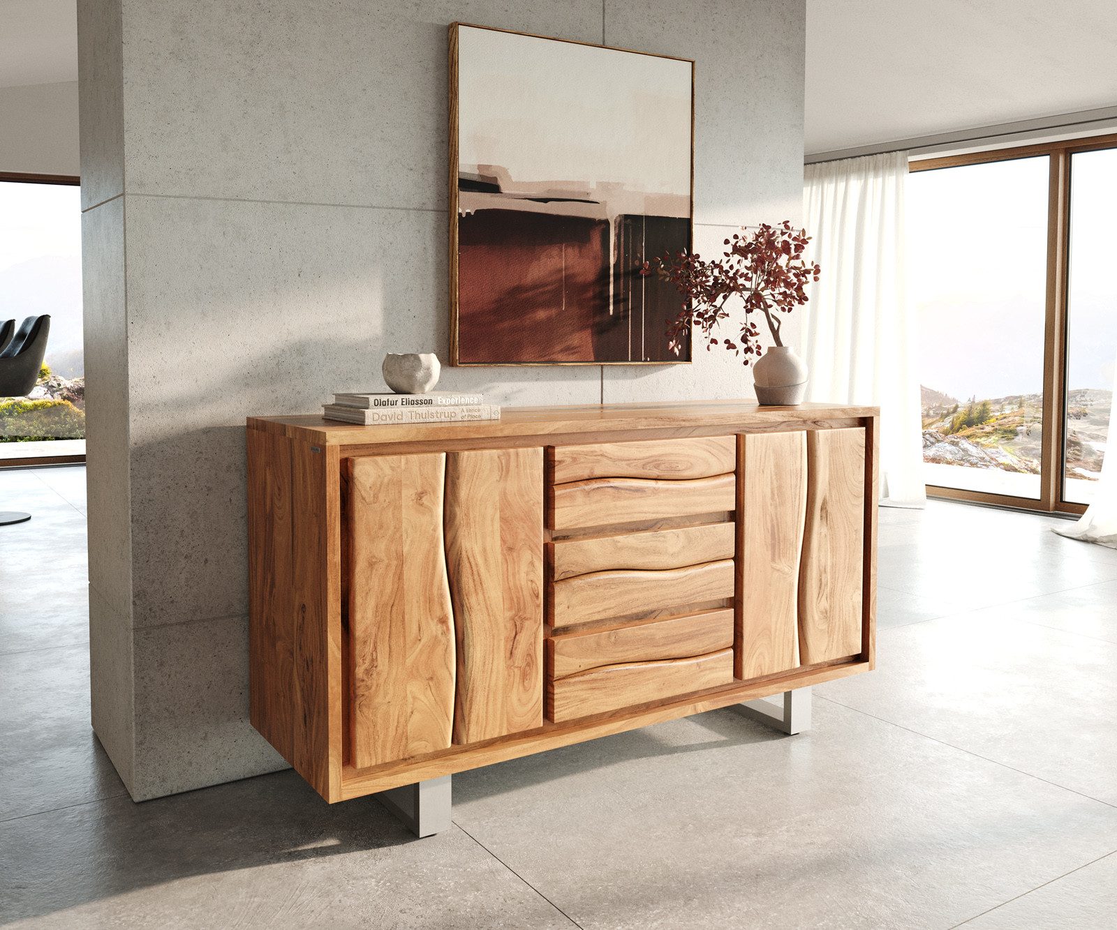 DELIFE Sideboard Live-Edge, Akazie Natur 147 cm 2 Türen 3 Schübe Baumkante günstig online kaufen