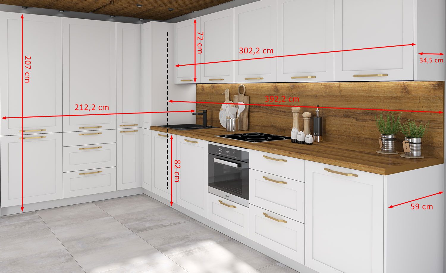 Feldmann-Wohnen Winkelküche Oslo, (Fronten hochwertig beschichtet mit filigranen Fräsungen in Rahmenoptik), 212x392x207cm weiß / weiß matt 13-teilig, HETTICH Vollauszug