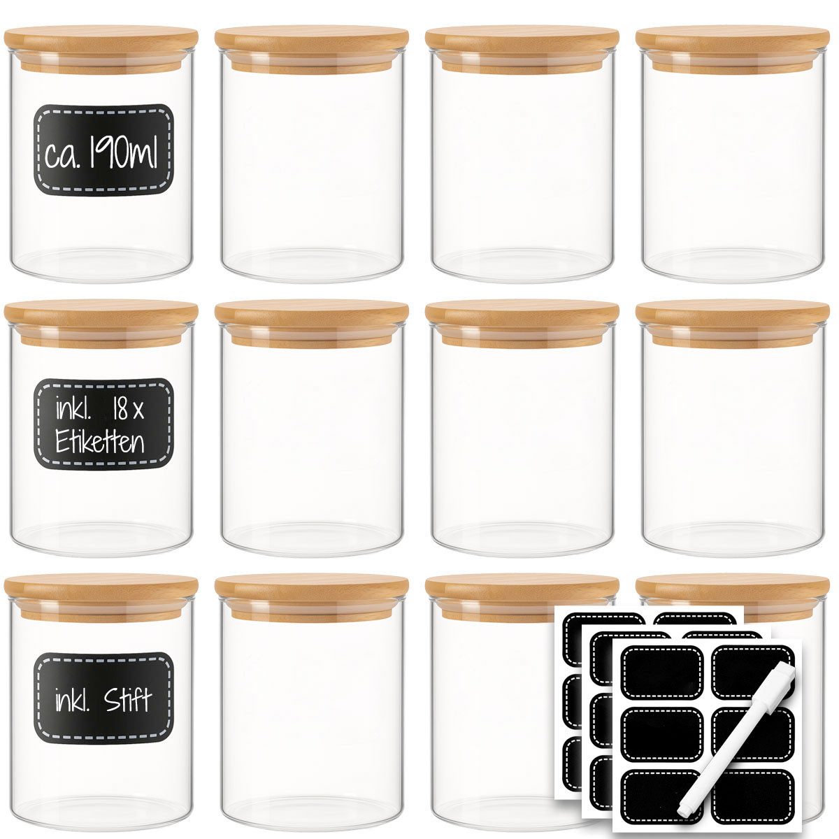 mixed24 Vorratsglas 12x 190ml Vorratsgläser mit Bambusdeckel 18x Etiketten 1x Stift, Gewürzgläser DIY Gläser