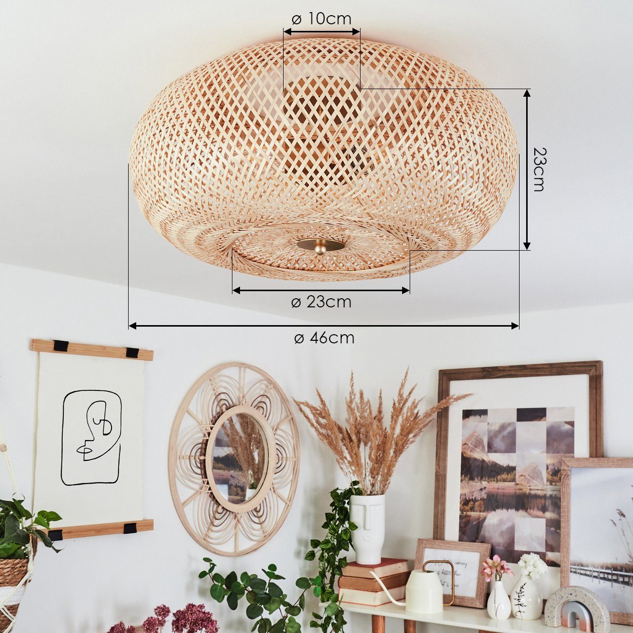 hofstein Deckenleuchte »Decollatura« runde Deckenlampe aus Holz/Metall in Natur/Messingfarben, ohne Leuchtmittel, Leuchte in Gitter-Optik, Ø46cm, 3xE27