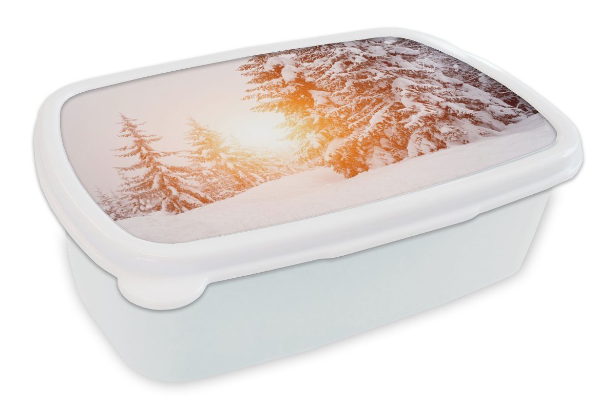 MuchoWow Lunchbox Sonne - Bäume - Schnee, Kunststoff, (2-tlg), Brotbox für Kinder und Erwachsene, Brotdose, für Jungs und Mädchen weiß
