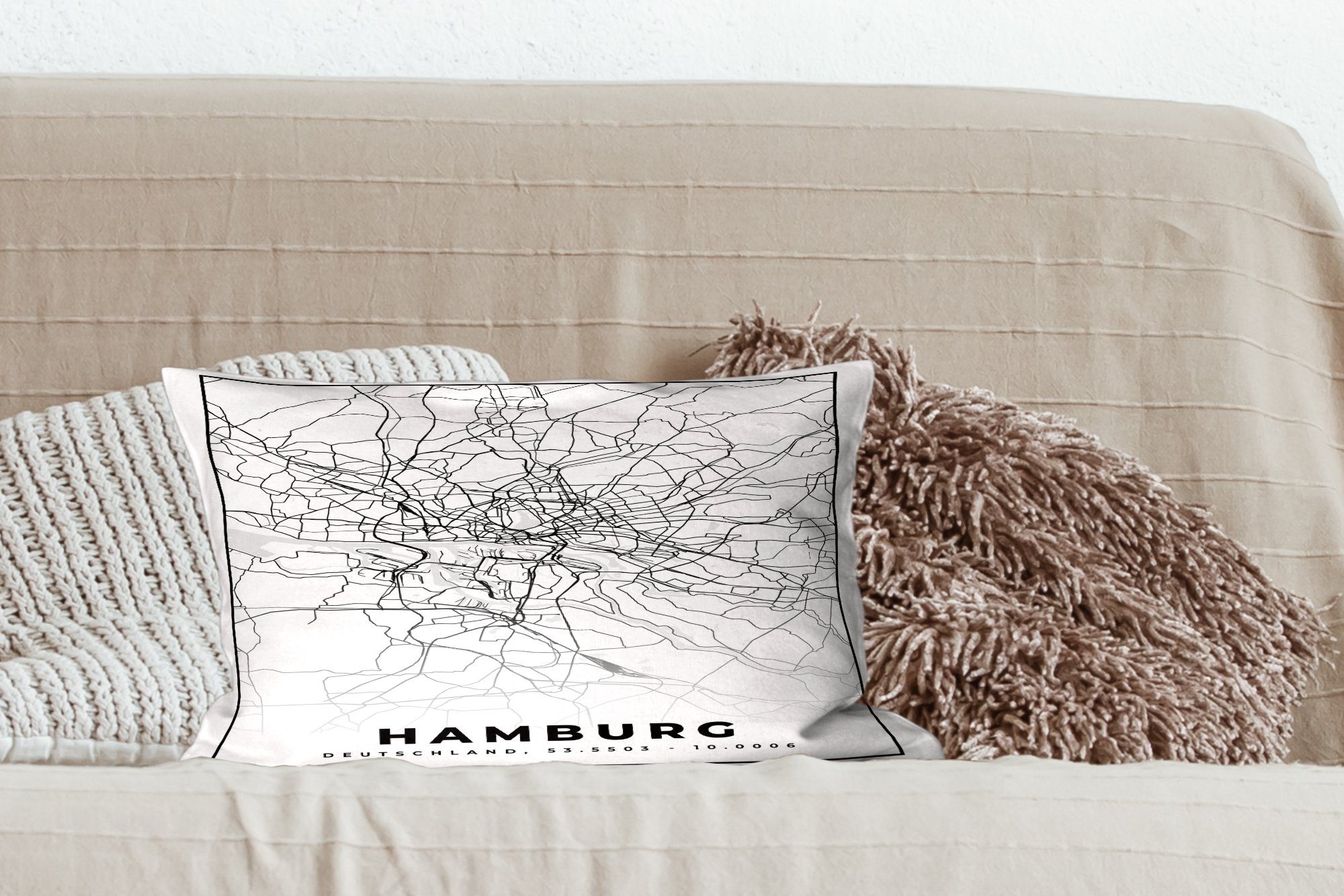 Stadtplan, Dekokissen mit - Zierkissen, - Hamburg Füllung, Dekoration, Karte MuchoWow Wohzimmer Dekokissen Schlafzimmer