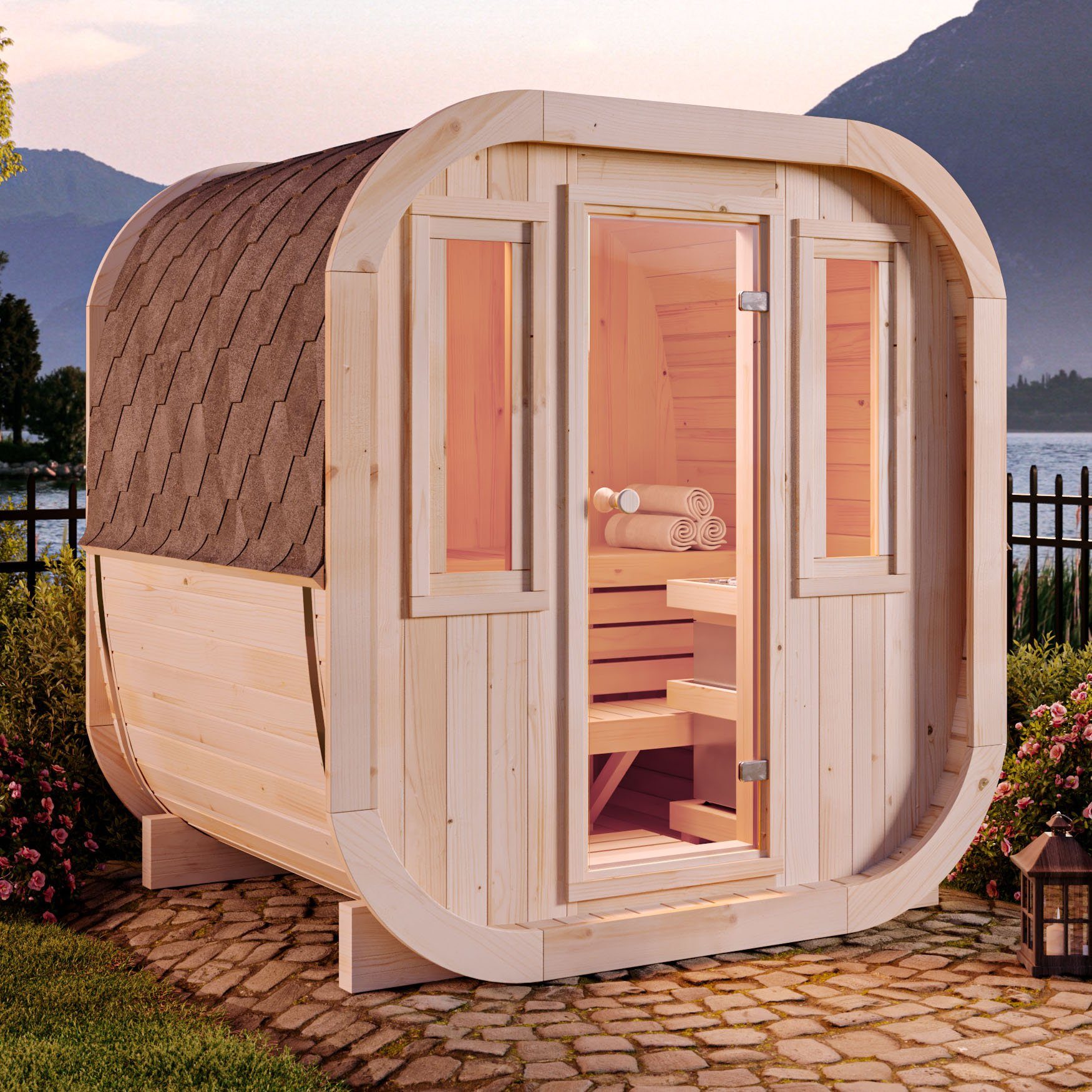 FinnTherm Fasssauna ScandiCube Mini XS, BxTxH: 210 x 166 x 214 cm, 42 mm, in Naturbelassen Mit 2 Fenstern