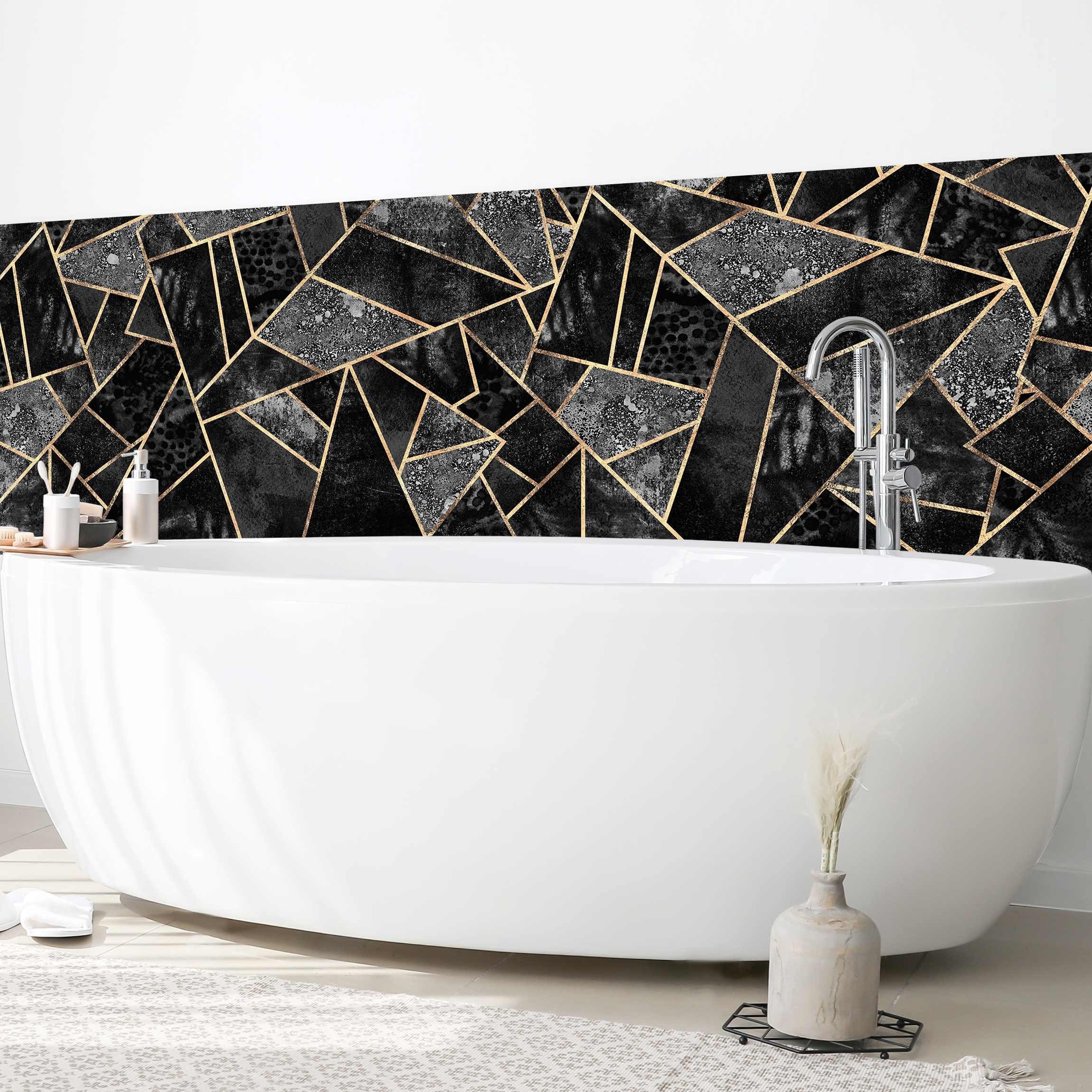 Bilderdepot24 Badrückwand schwarz fugenlose Wandverkleidung Bad Abstrakt, (Hartfolie matt » Selbstklebend SMART 0,35 mm), wasserfestes Wandpaneel Graue Dreiecke Gold II