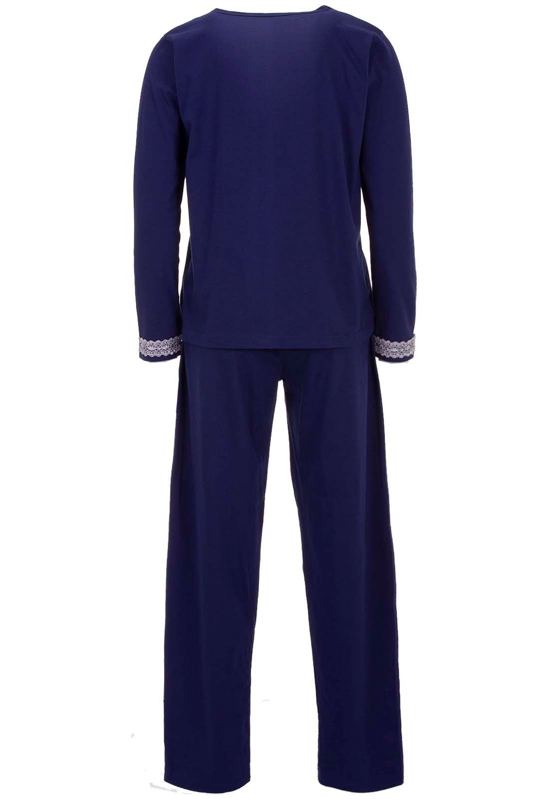 Schlafanzug zeitlos Spitze Uni - navy Langarm Set Pyjama