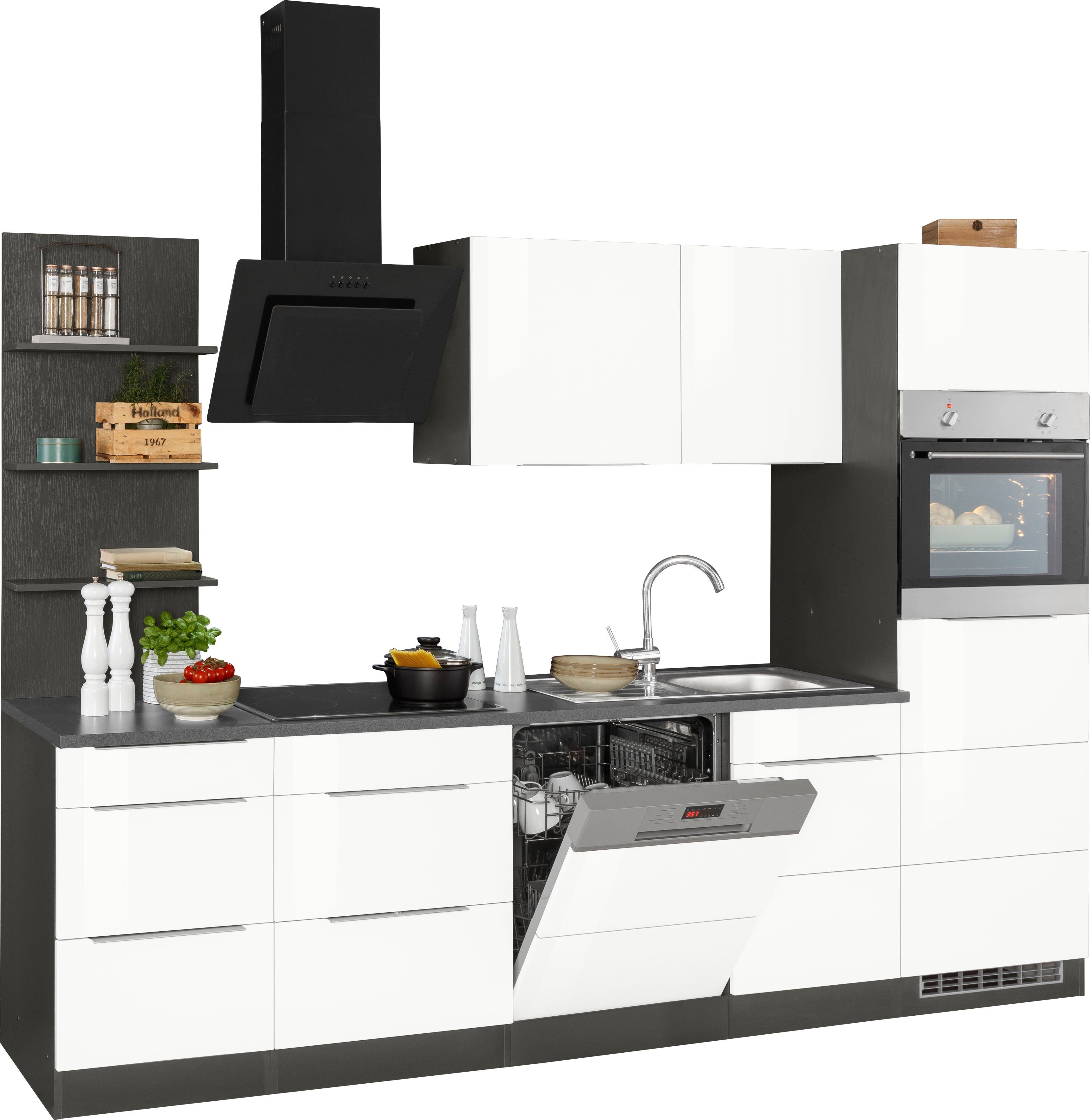 E-Geräten, mit 280 grafit Breite Küchenzeile Hochglanz/grafit | Brindisi, HELD MÖBEL weiß cm