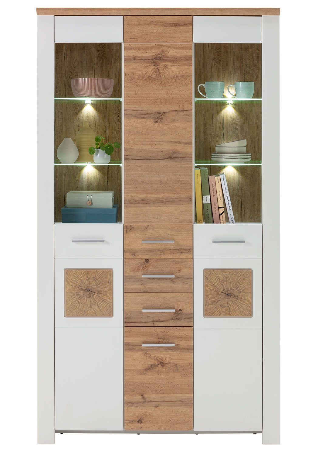 LIV'IN Vitrine MATERA, Weiß supermatt Dekor, Eiche Altholz Dekor, mit LED-Glaskantenbeleuchtung, B 112 x H 202 cm x T 39 cm