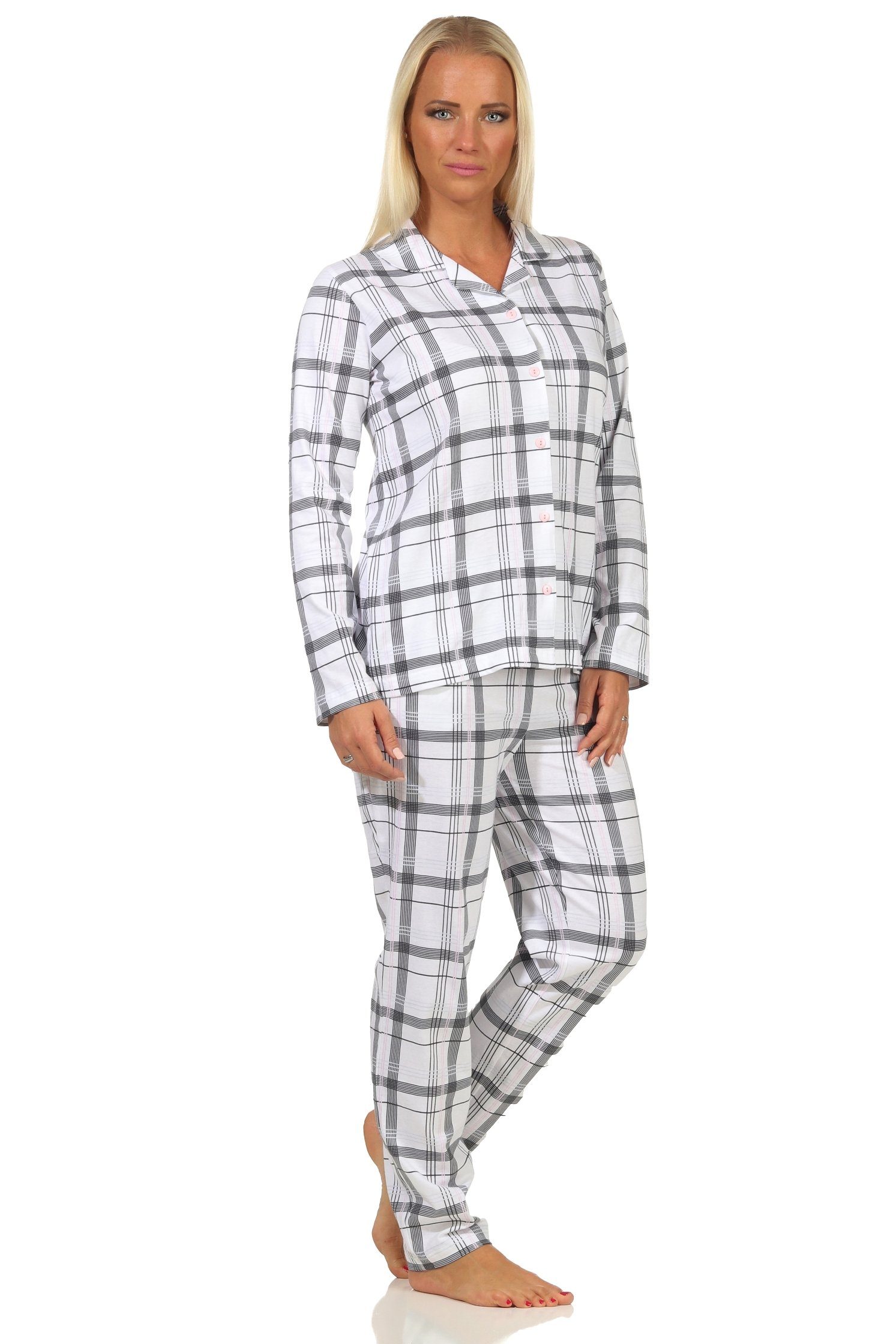 Normann Pyjama Damen Schlafanzug zum durchknöpfen in Karo Optik in Jersey Qualität | Pyjamas