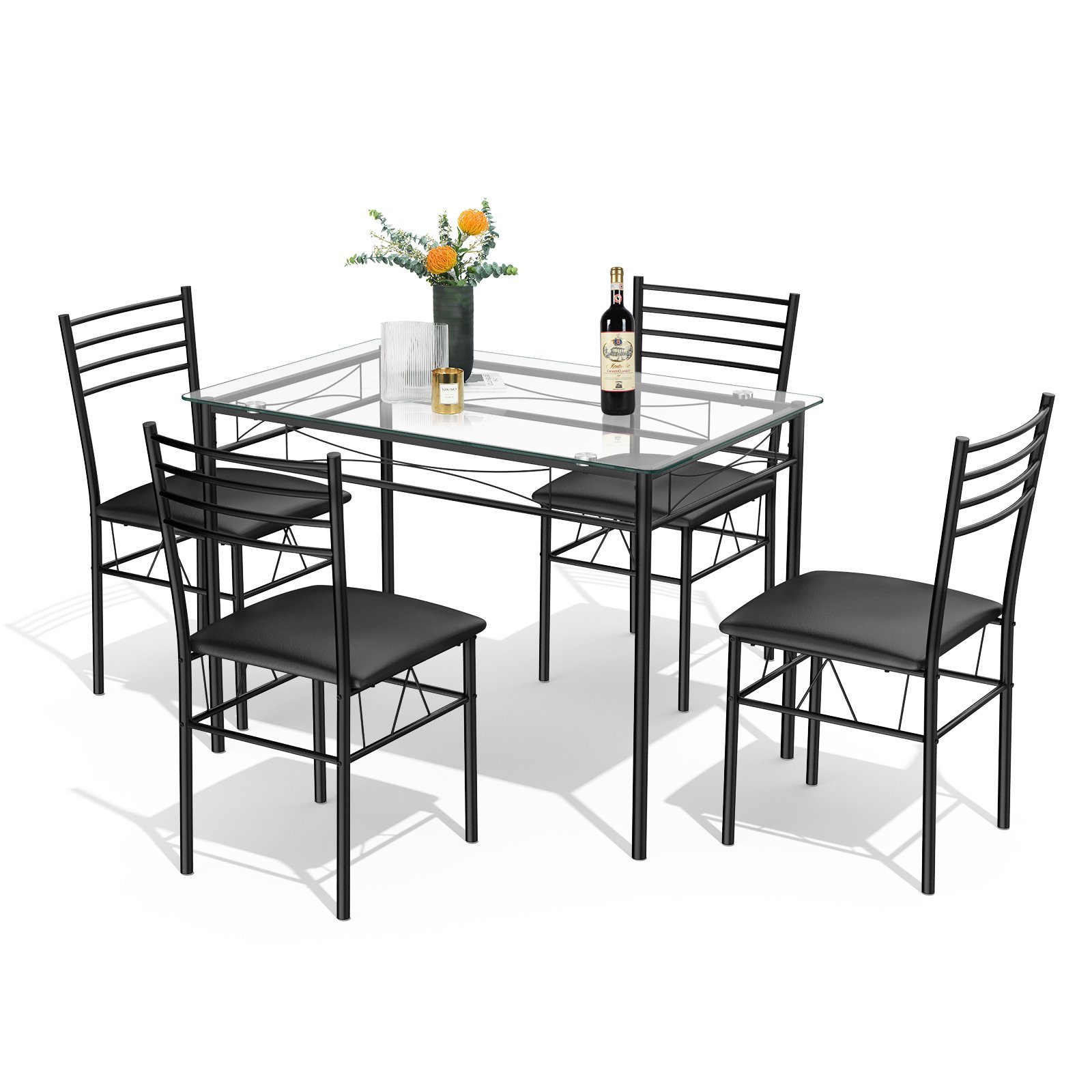 COSTWAY Essgruppe, 5-teilig Esstisch-Set mit 4 Stühlen, Glasplatte, schwarz