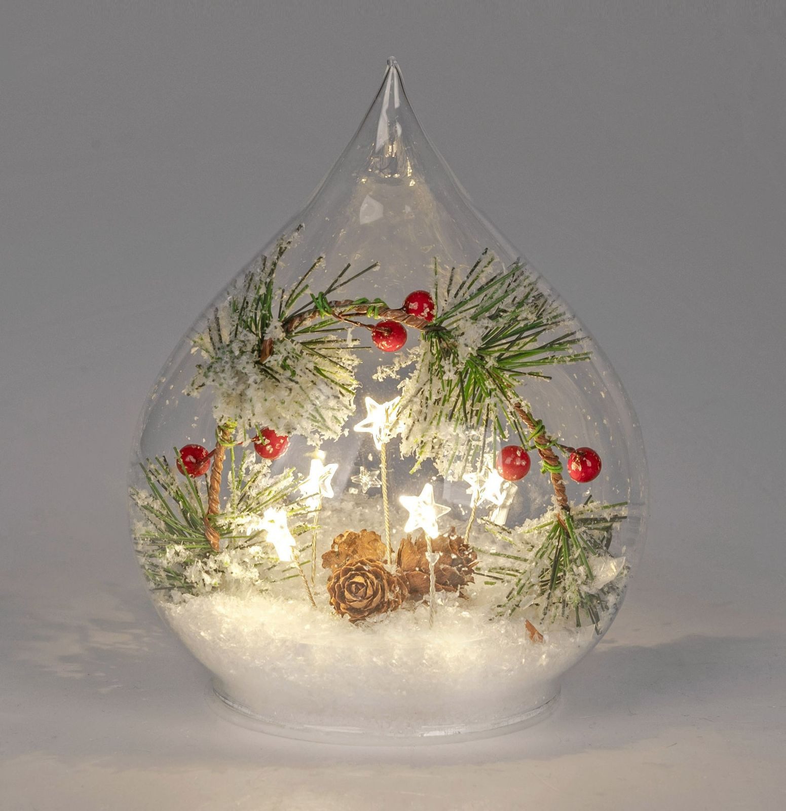formano LED Dekolicht LED Deko-Tropfen Glas 16 cm Tanne Beeren Schnee Timer Weihnachten, LED fest integriert