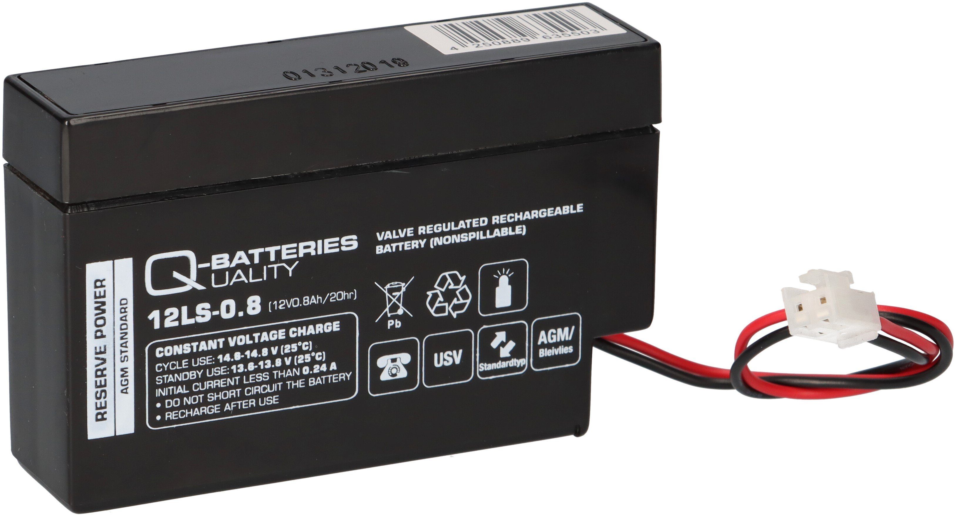 12LS-0.8 12V Bleiakkus 0,8Ah Stecker Q-Batteries / AGM Q-Batteries mit JST Blei-Vlies-Akku