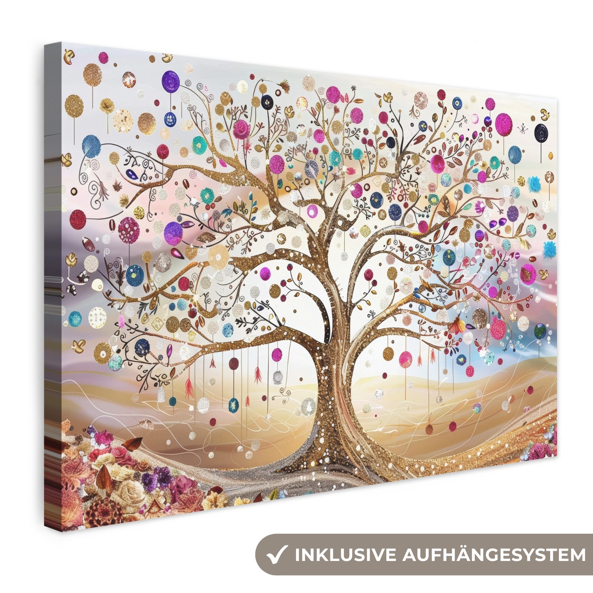 OneMillionCanvasses® Leinwandbild Baum des Lebens - Gold - Bunt - Abstrakt - Ästhetisch, Fotodruck (1 St), Leinwand Bilder Klein, Wand Dekoration Aesthetic 30x20 cm