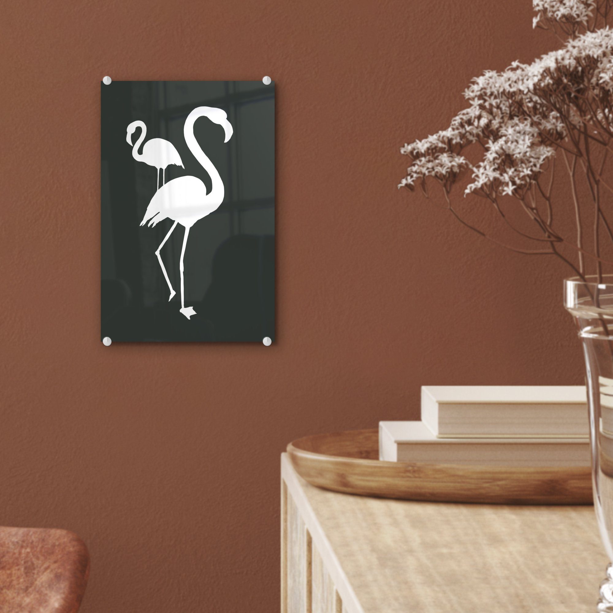 Illustration Glas Flamingo bunt - MuchoWow - auf (1 - Glasbilder Wanddekoration auf Weiß, Wandbild Foto - Bilder - Acrylglasbild St), Glas
