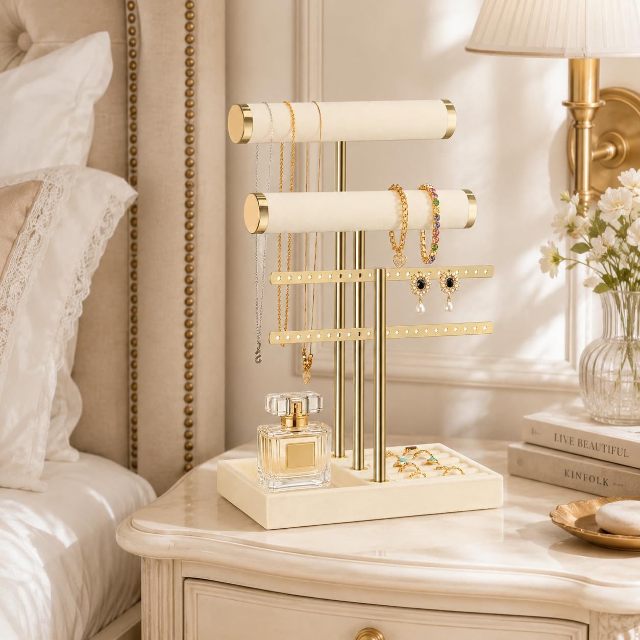 SURFOU Schmuckständer Schmuck Organizer mit 3 Ebenen – Samt-Armbandständer mit T-Steg (5-in-1 Schmuckpräsentation mit Samtstangen, Ringablage & Fach – Ideal für – Bild 4 von 5