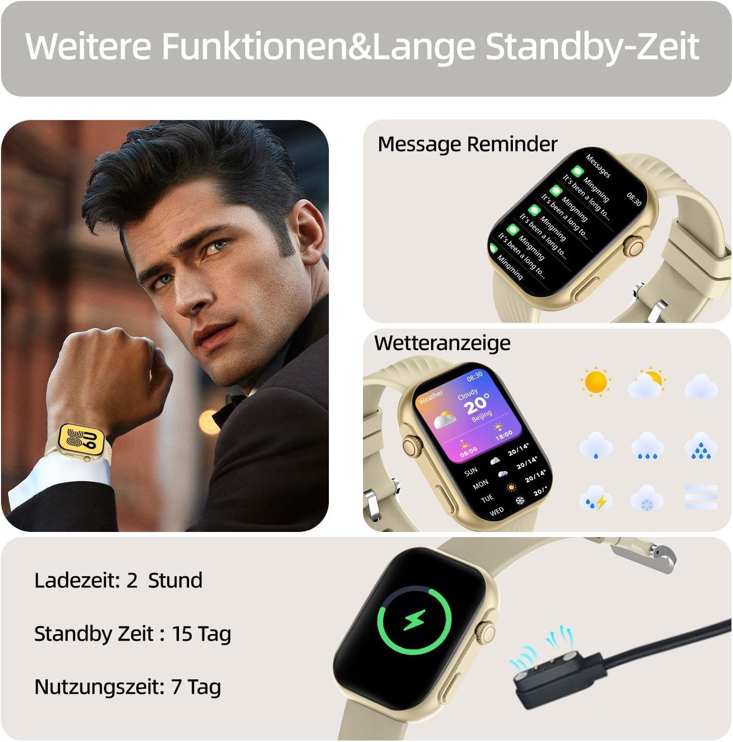 Blutdruckmessung, (Quadratischer AI und SNS-Benachrichtigung Smartwatch, Blutsauerstoff, mit Damen Yuede Herren mit Voice, Musiksteuerung Schlafqualität, Sportmodi, Smartwatch mehr uhr Gesundheits-Uhren als etc., Schrittzähler, 100 Zoll Wasserdichte Tracker IP67 für und IOS Gold Fitness Android Zoll) Sportuhr Anruffunktion mit Herzfrequenz, 2,01-Zoll-HD-Full-Touch-Farbdisplay Champagner für