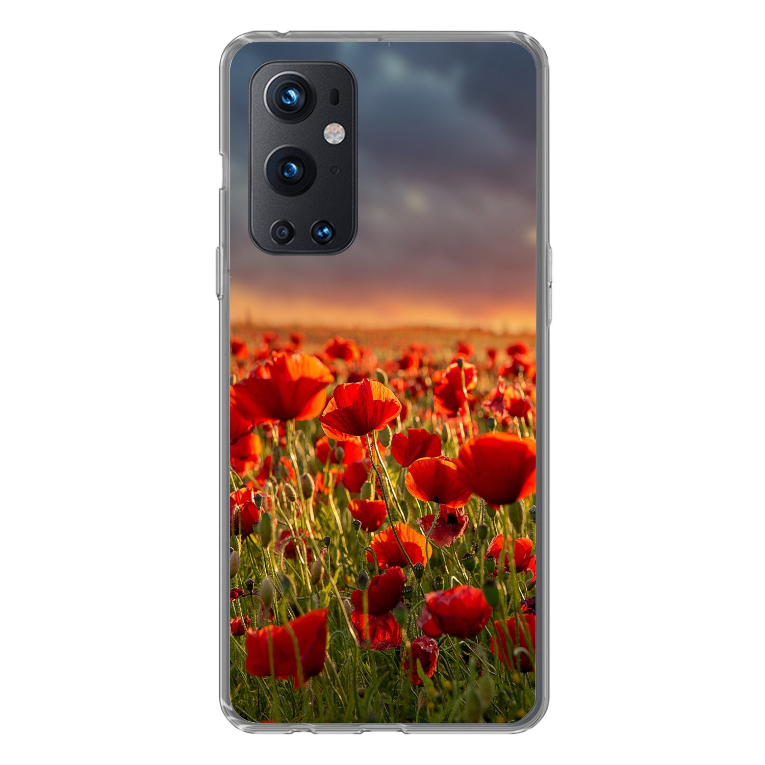 MuchoWow Handyhülle für OnePlus 9 Pro Sonnenuntergang - Mohnblumen - Rot - Blumen - Feld -, Phone Case, Silikon, Schutzhülle Dünn