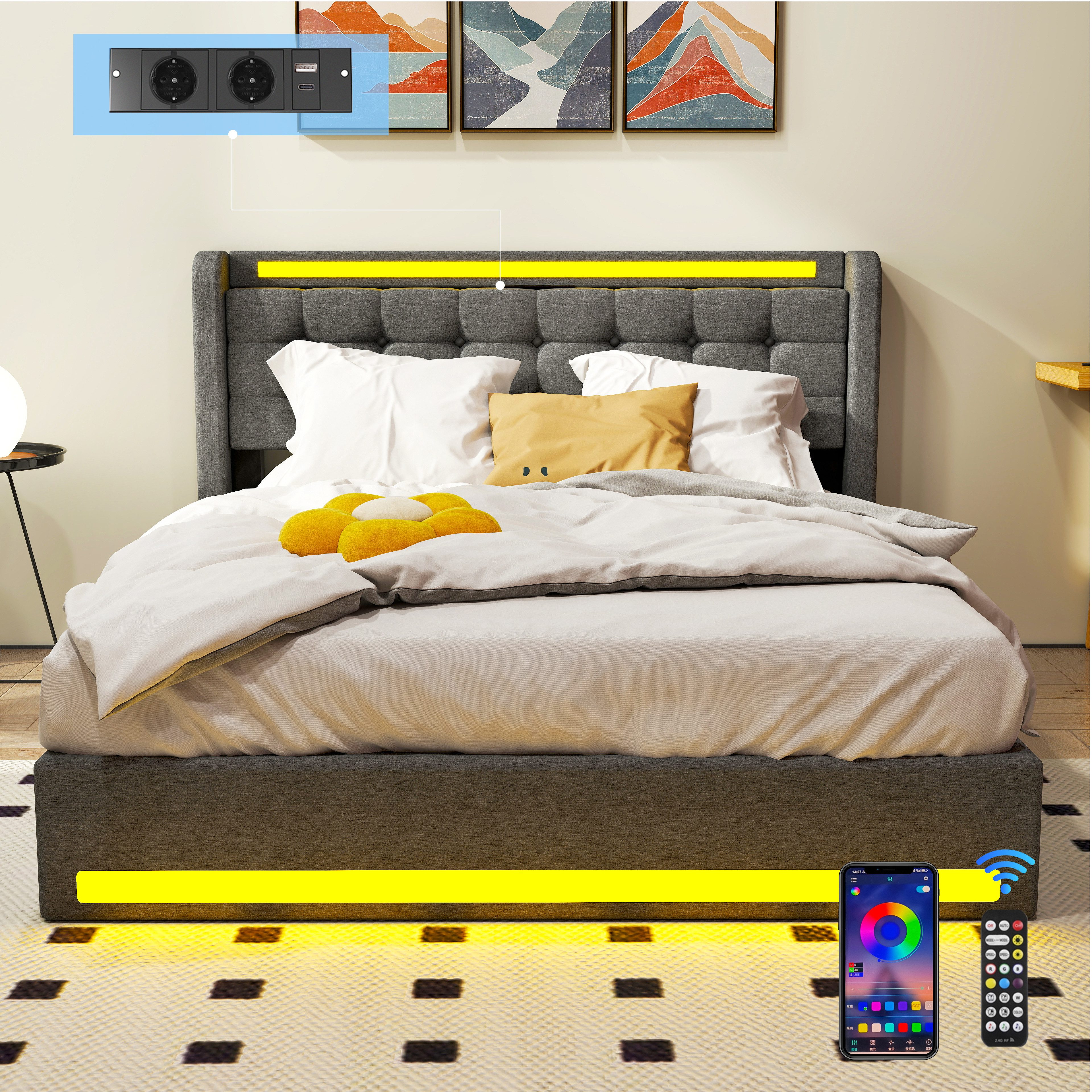 oyajia Stauraumbett LED Hydraulisches Doppelbett 140x200cm mit Ladefunktion (LED, USB- & Typ-C-Ladestation), 90/140/160 x200cm mit Ladefunktion
