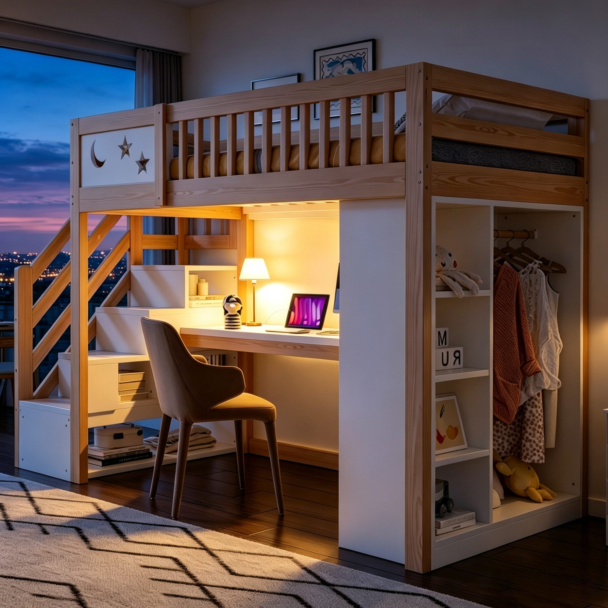 Odikalo Hochbett Holz-Kinderbett Mit Einzigartigem Geländer LED-Beleuchtung (Inklusive Schreibtisch Steckdose Offenen Regalen und Kleiderschrank Mit Aufsteigeleiter Zum Stauraum)