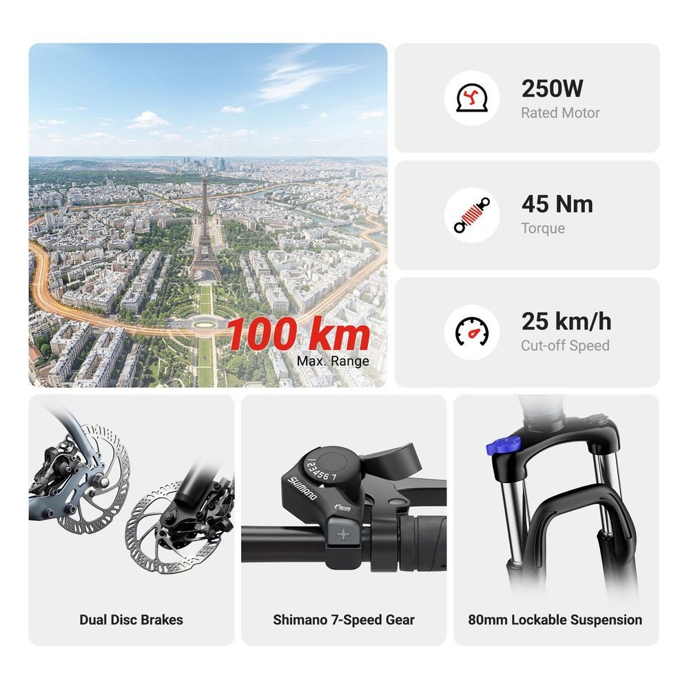 Eleglide E-Bike Trekkingrad T1 Step-Over mit 250-W-Motor, 27,5-Zoll-Rädern, 561,6 Wh Akku, 7 Gang Shimano, Heckmotor, 468 Wh, 27.5"x17.5", 36V 13Ah, 468Wh, 100 km (Unterstützungsmodus)