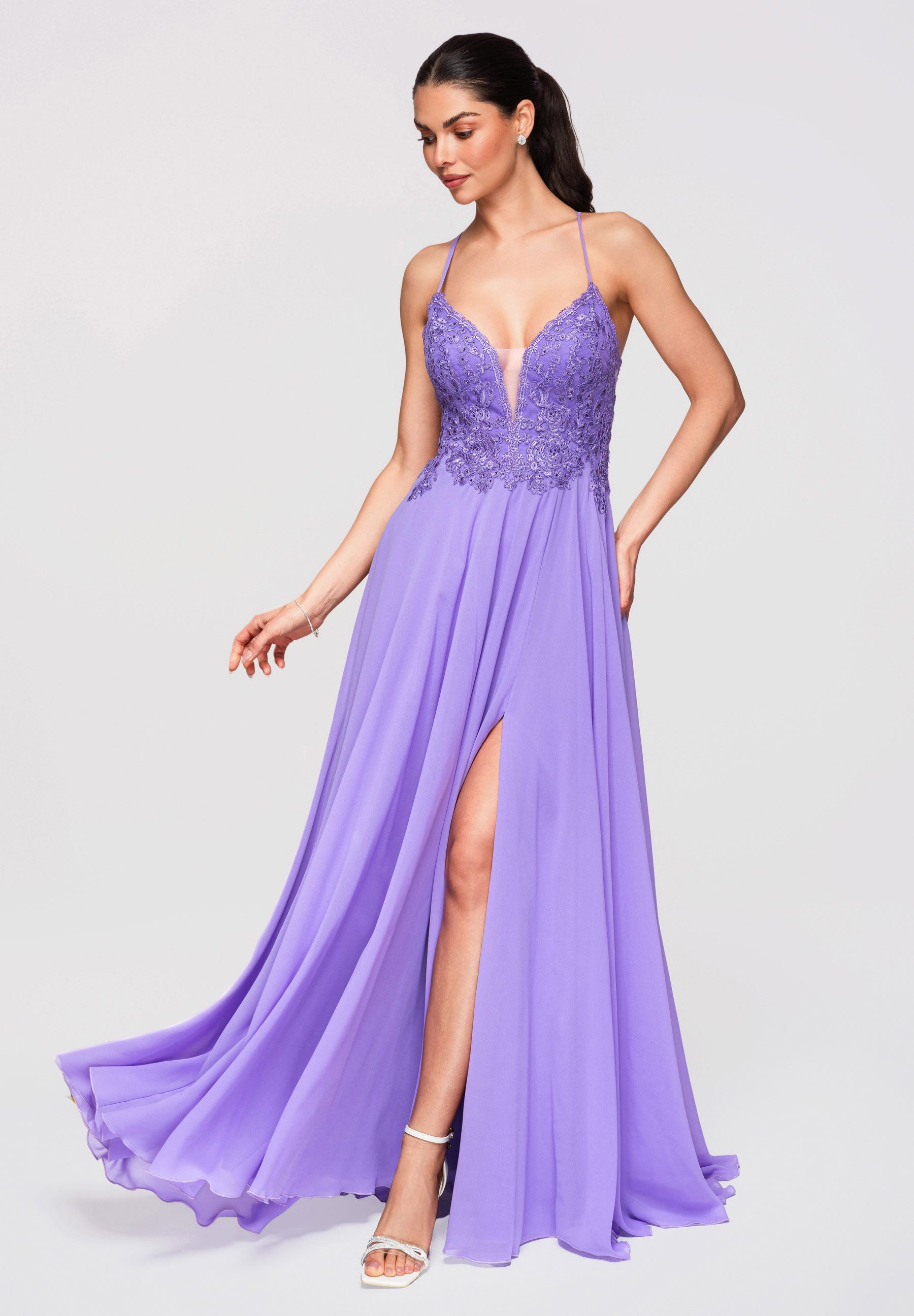 OMBRE Abendkleid Maxikleid Abendkleid mit Spitze & Rückenfrei Violett S (kein Set, 1-tlg) Rückenfrei, gekreuzte Träger
