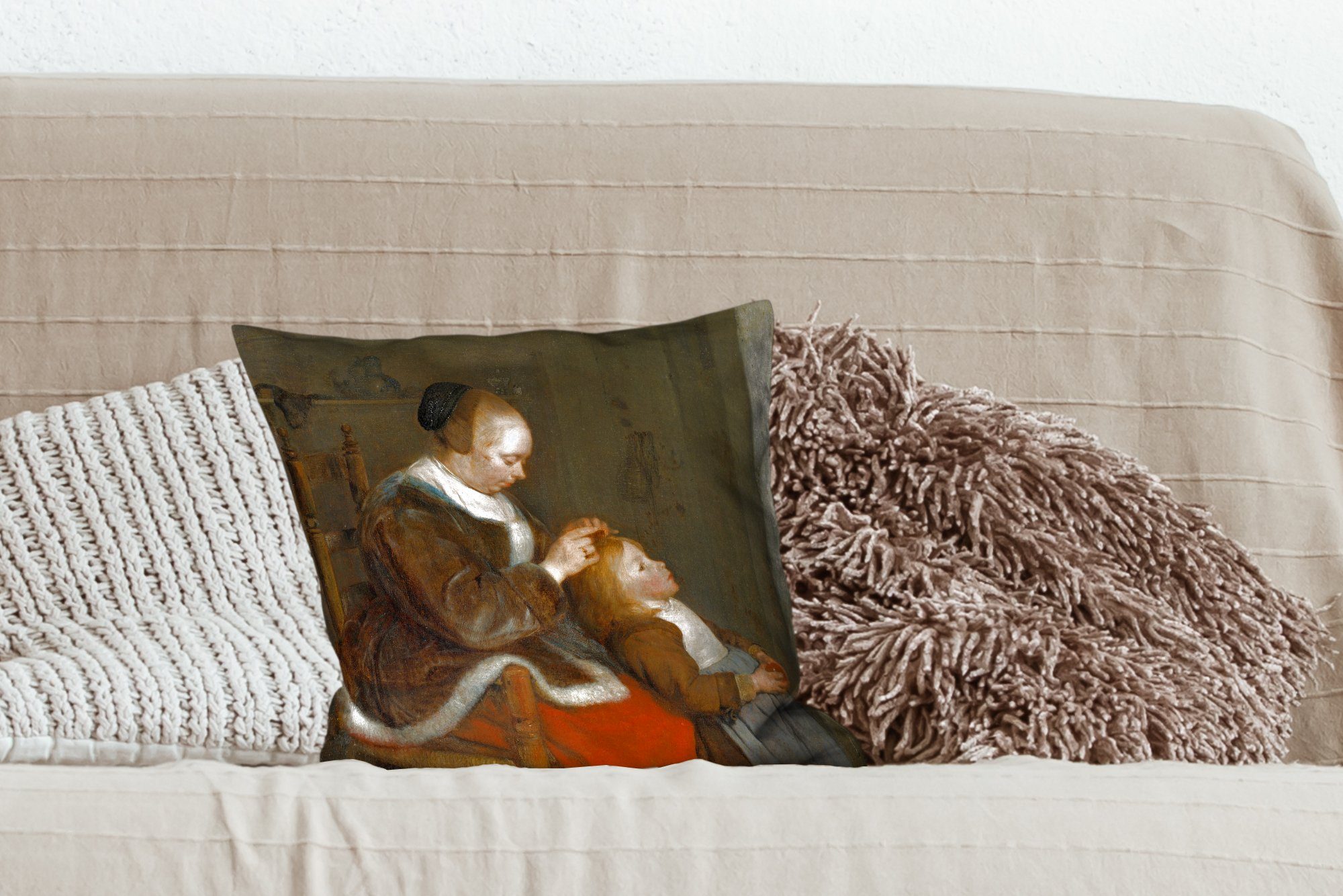 MuchoWow Dekokissen Die Läusejagd - Gemälde Füllung Borch, mit ter Schlafzimmer, Wohzimmer, für Zierkissen Deko, Gerard von Sofakissen