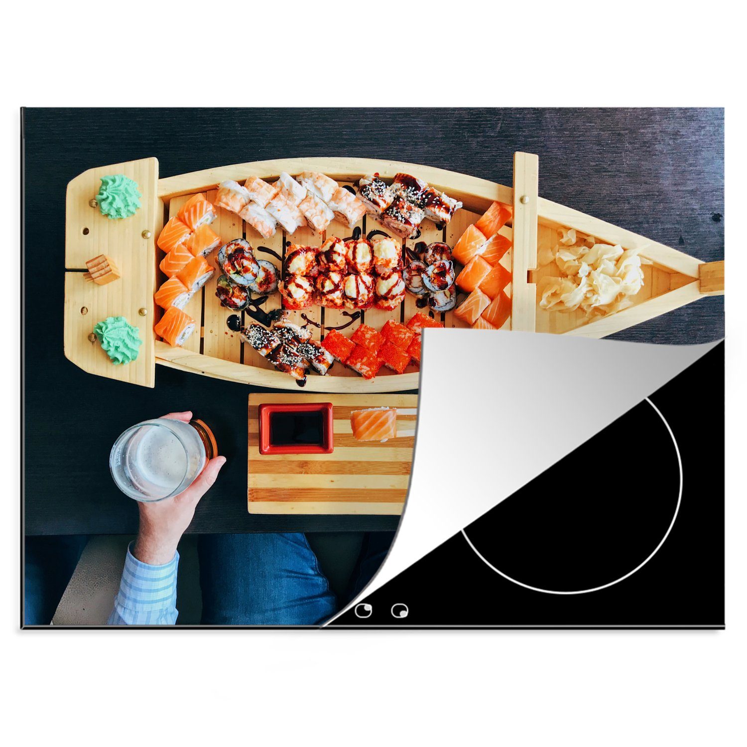 Herdblende-/Abdeckplatte Sushi japanischen MuchoWow im Mobile Ceranfeldabdeckung Vinyl, (1 nutzbar, 70x52 Restaurant, tlg), Arbeitsfläche cm,