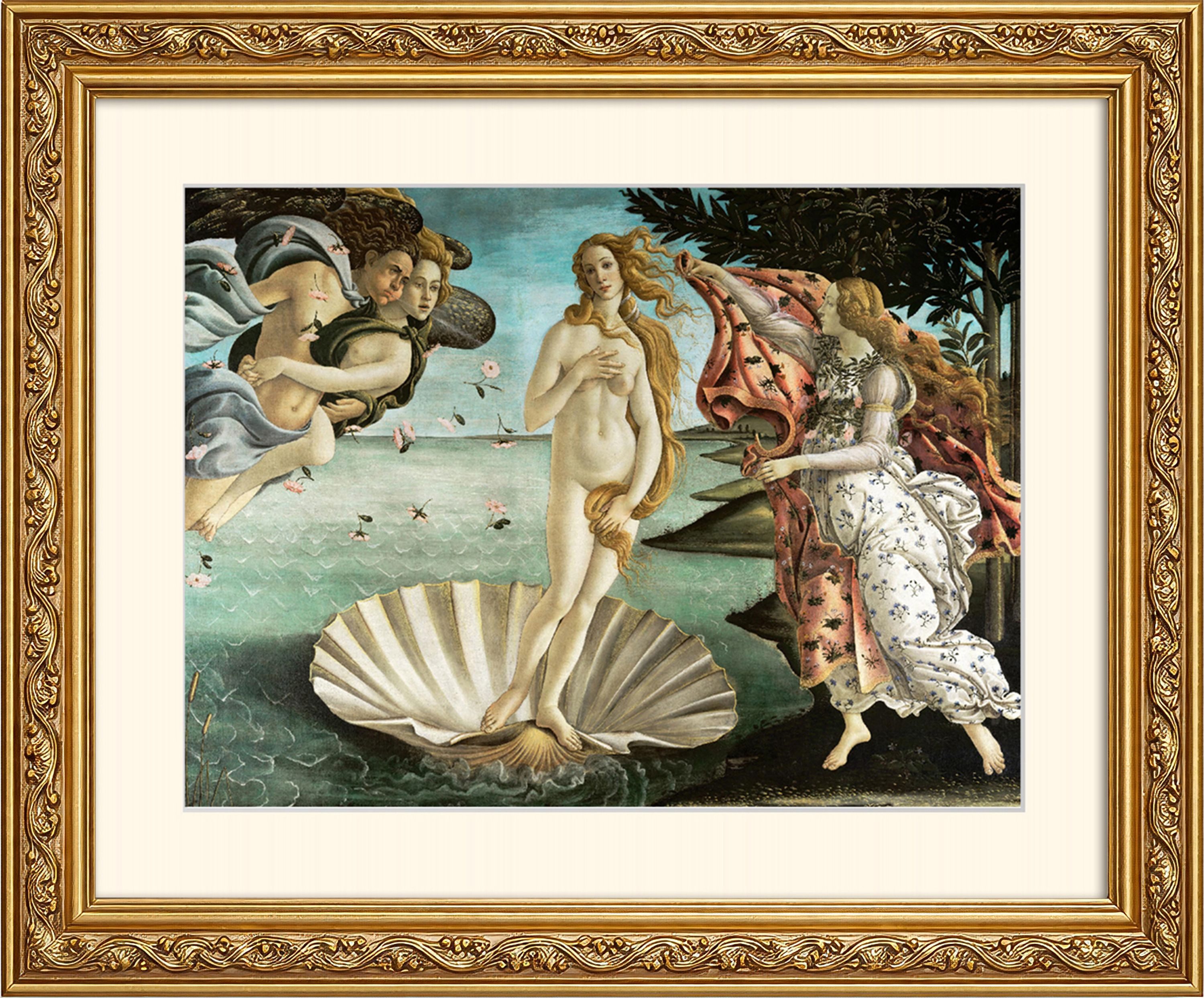 artissimo Bild mit Rahmen Wandbild gerahmt 63x53 cm Kunstdruck mit Passepartout & Barock-Rahmen, Boticelli: Die Geburt der Venus