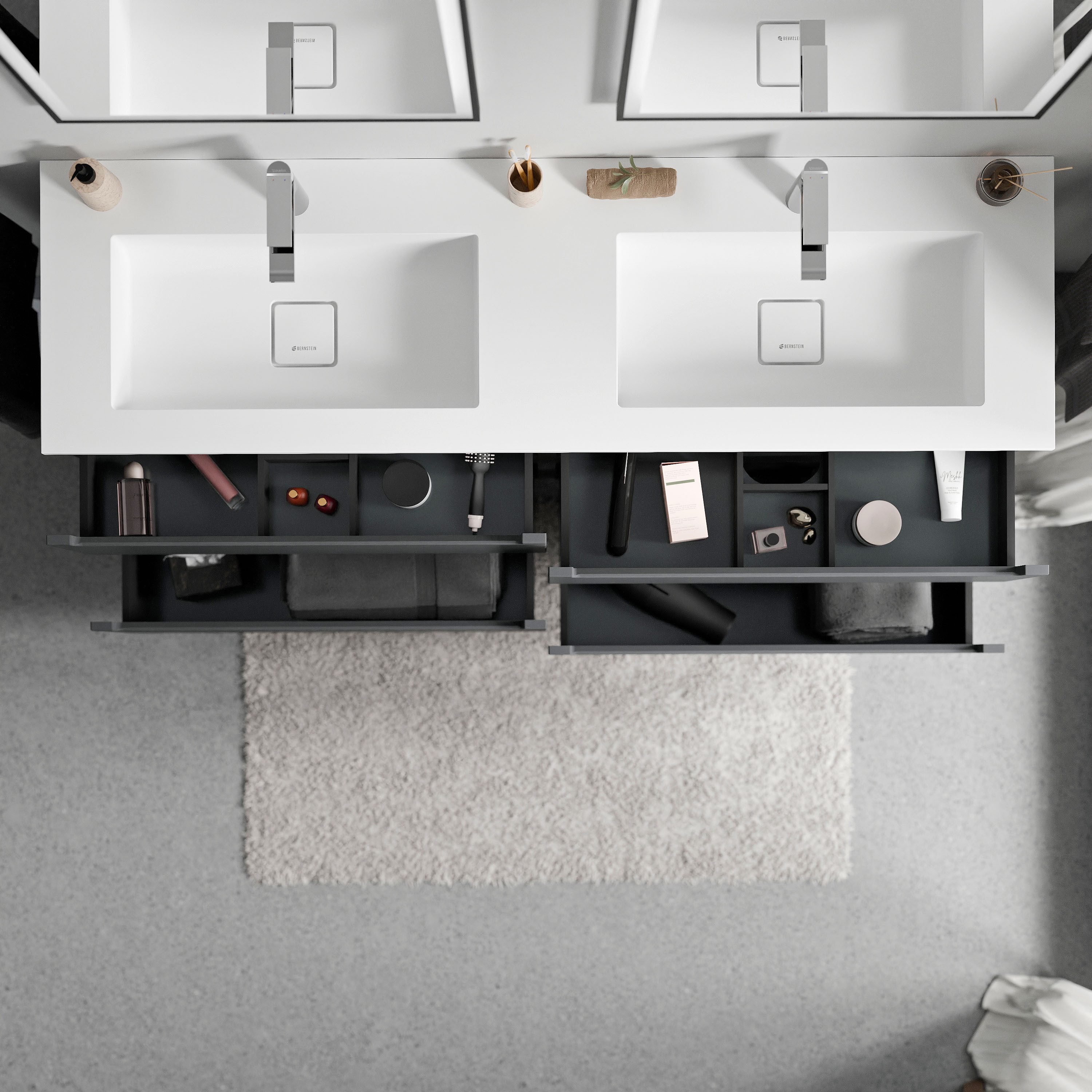 Bernstein Waschbeckenunterschrank VIREO 160cm Anthrazit matt BRUXELLES Weiß matt Waschtischunterschrank mit Doppelwaschbecken 4 Schubladen