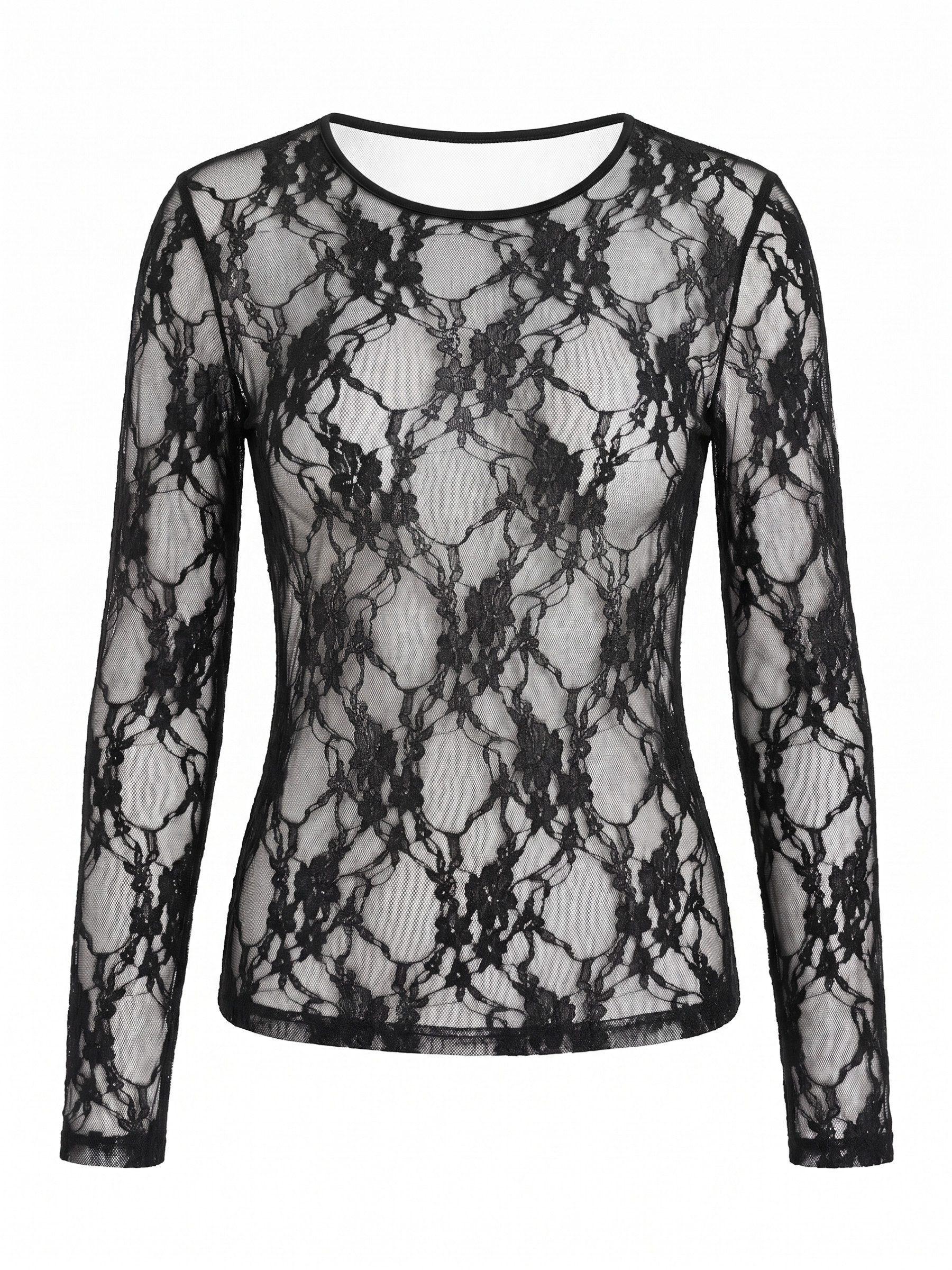 Elegant Love Langarmshirt Damen Mesh-Shirt mit floraler Spitze, transparentes Party-Top Figurbetontes Oberteil mit Rundhals, durchsichtiges Shirt