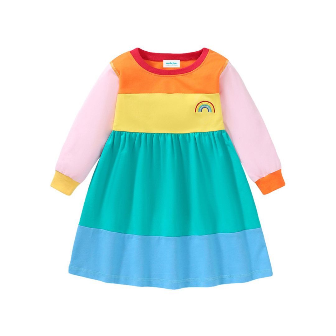 Midikleid Kinder Patchwork Kleid Langarm in Regenbogenfarben