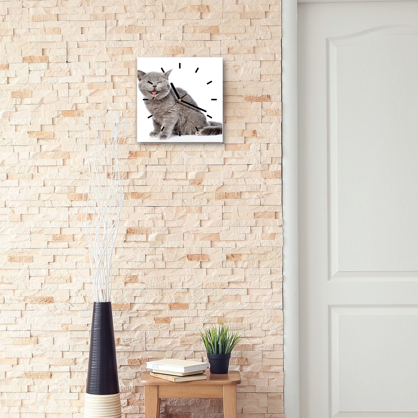 Motiv Wandkunst Wanduhr cm Glasuhr Größe Wanduhr Katze mit Glückliche x Primedeco 30 30