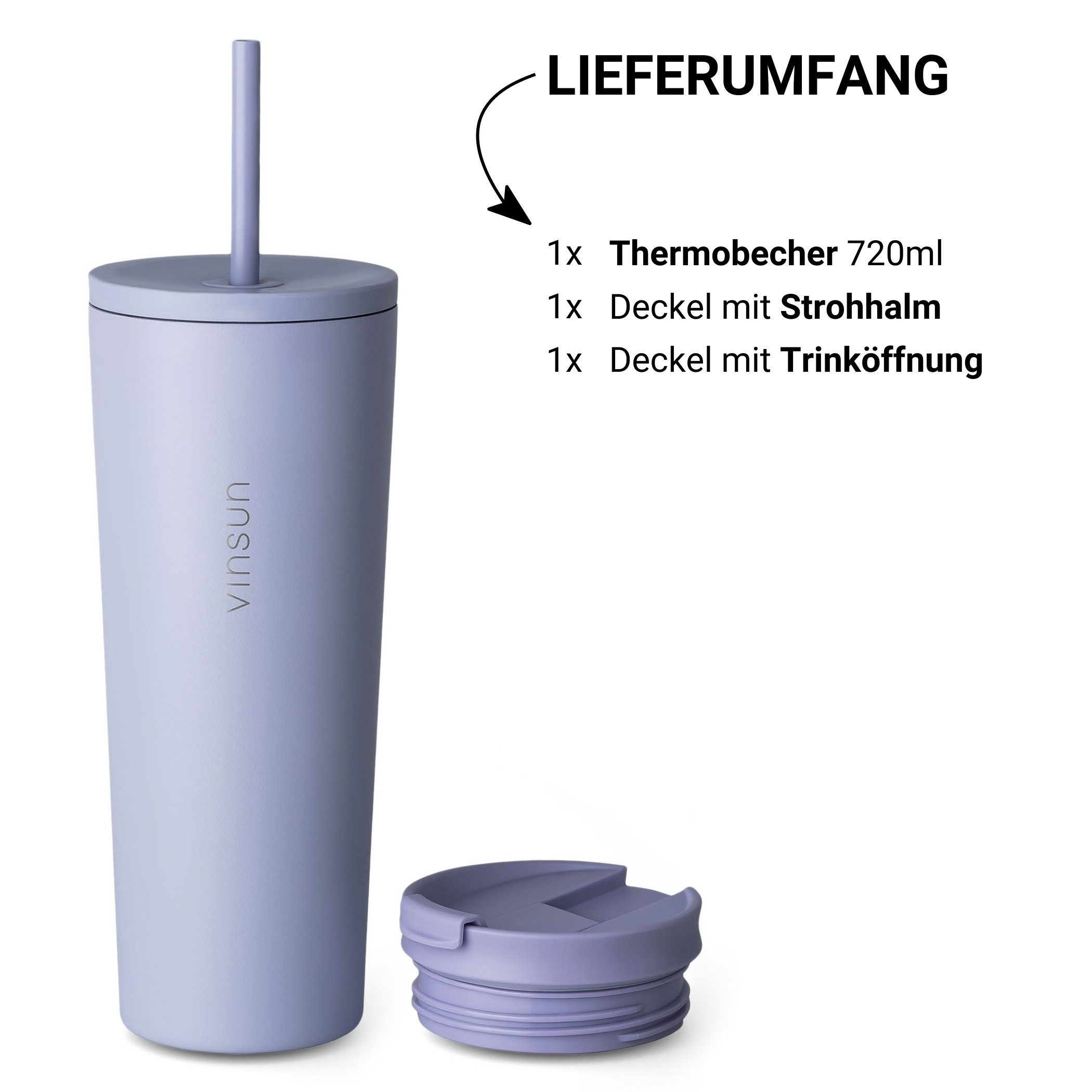 Vinsun Thermobecher Edelstahl Becher mit Strohhalm 480ml - Isolierbecher auslaufsicher, 4-tlg., Edelstahl, Doppelwandig isoliert, BPA frei, bruchfest, Kalt- und – Bild 4 von 5
