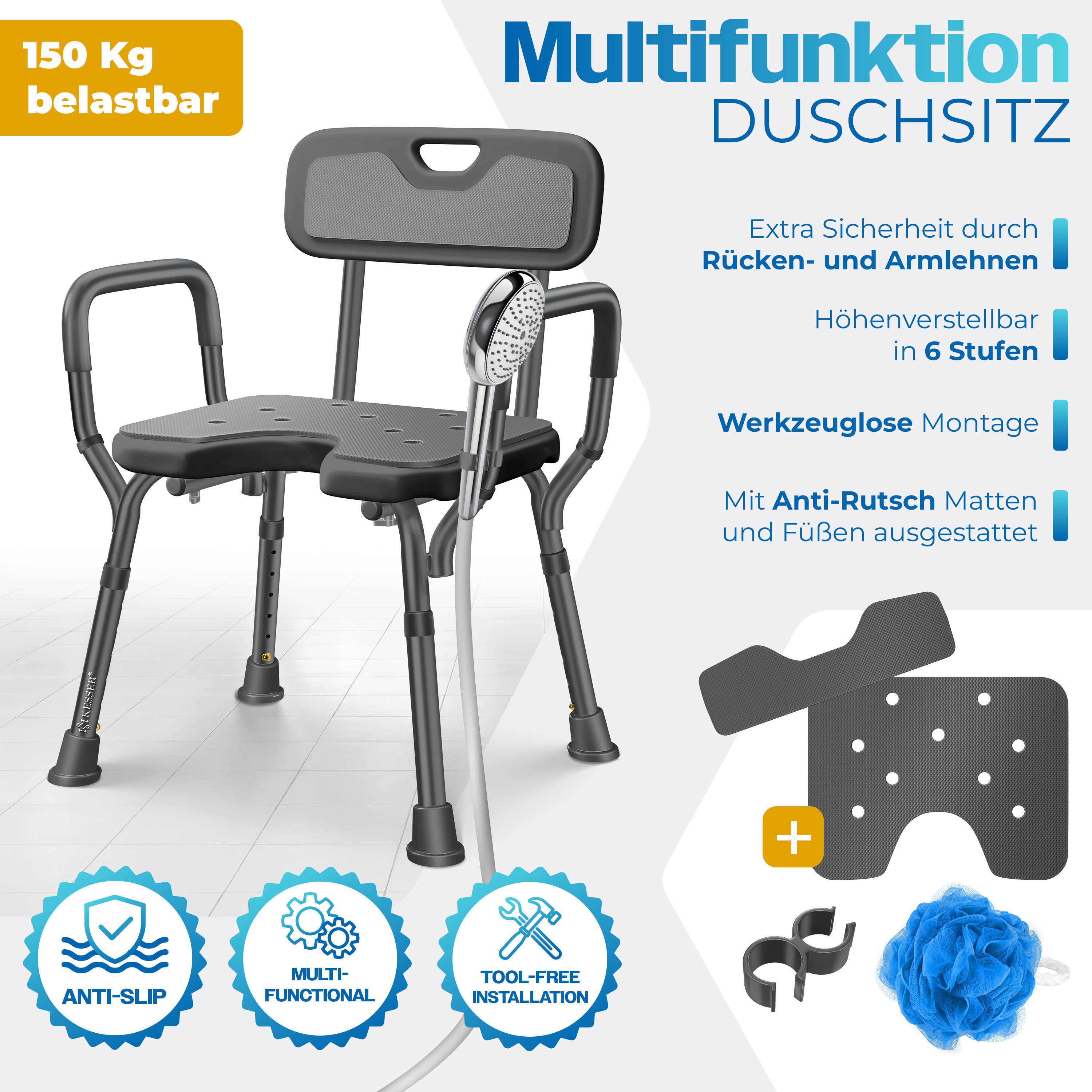 KESSER Badhocker Duschhocker mit Lehne höhenverstellbar in 6 Stufen 38-54cm (Duschstuhl mit Brausehalterung, Anti-Rutsch Füße & Matten), Duschsitz 150KG belastb – Bild 2 von 5