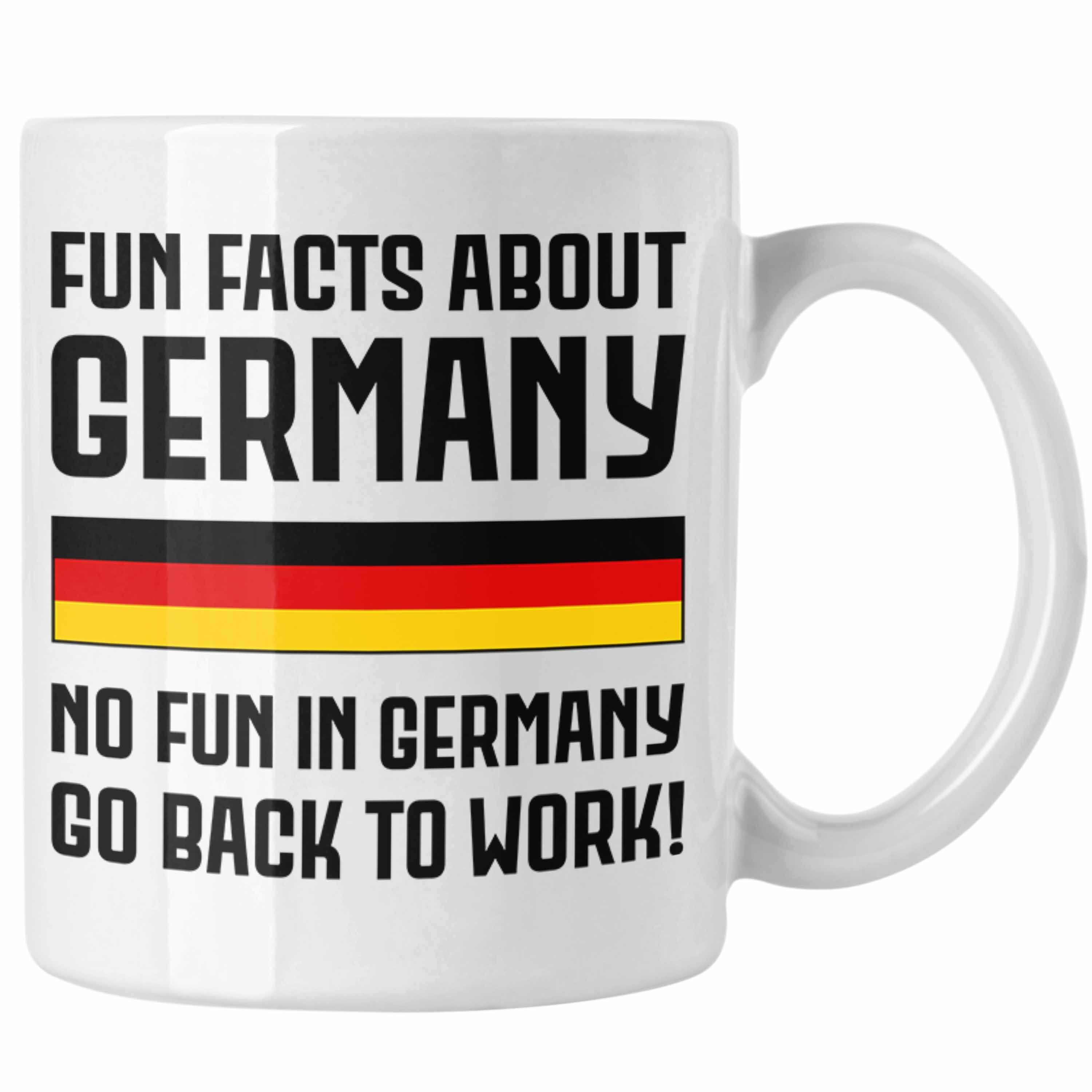 Trendation Tasse Trendation - Fun Facts About Germany Tasse Lustiger Spruch Bürotasse mit Spruch Geschenk Kollege Kollegin Weiss
