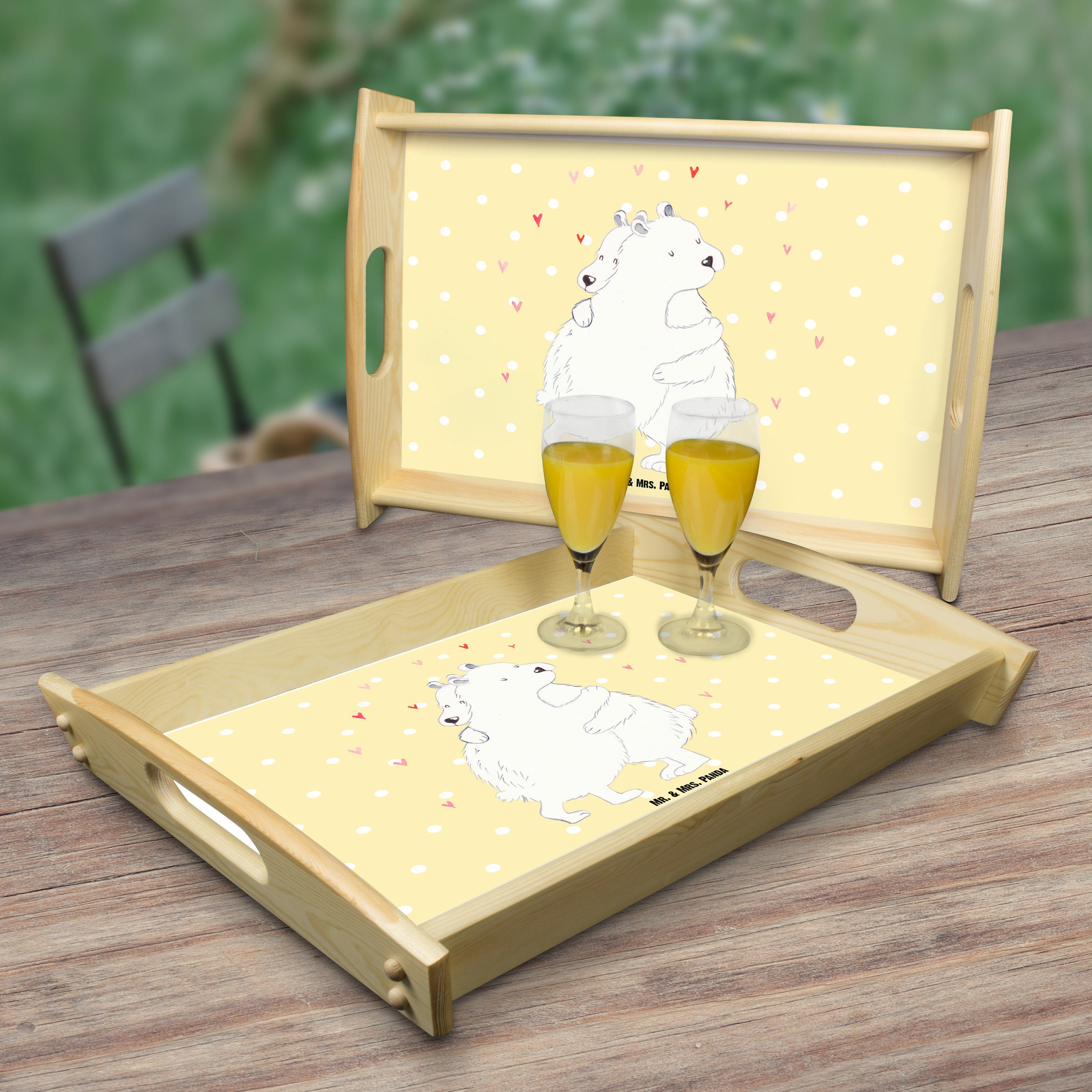 Mr. & Mrs. Panda Tiermoti, Pastell Umarmen - (1-tlg) Eisbär Geschenk, Frühstückstablett, - lasiert, Gelb Tablett Echtholz