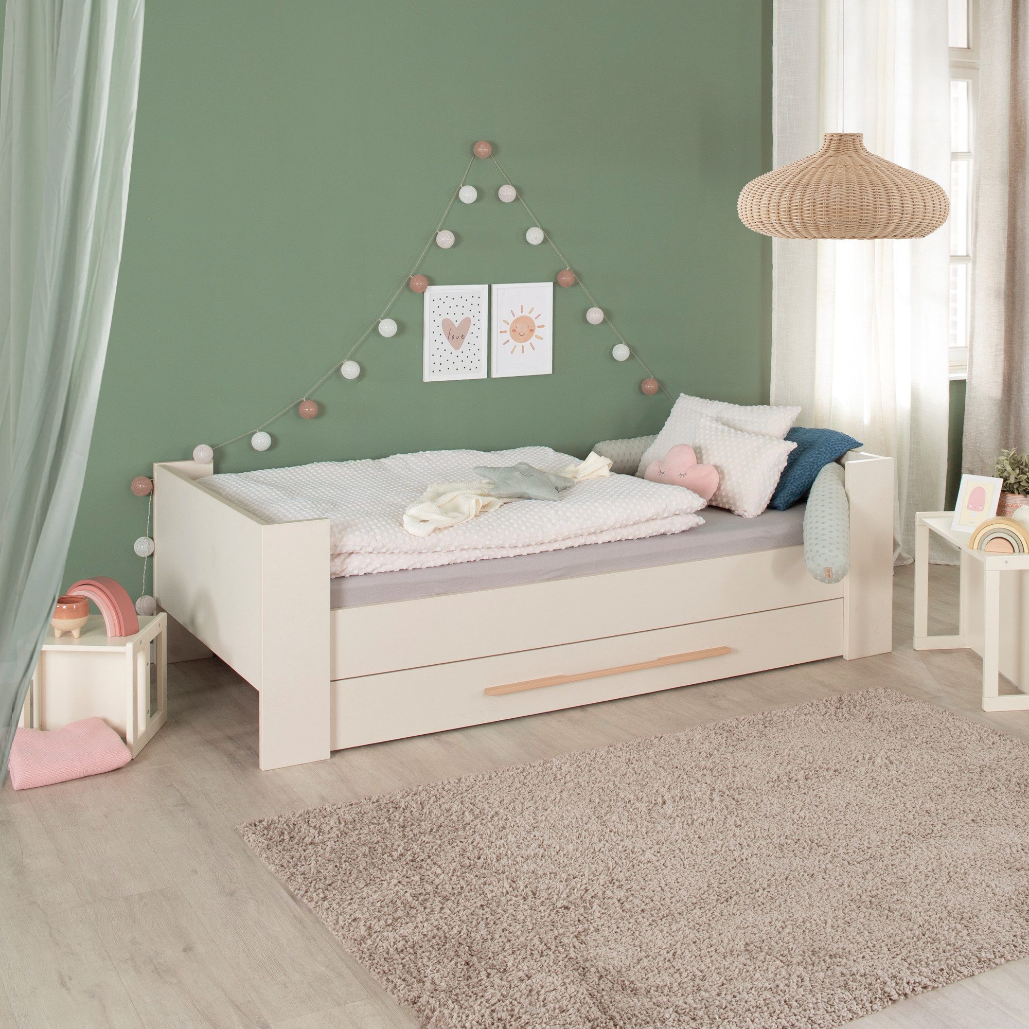 roba® Kinderbett Flexi Grow 90 x 200 cm- mitwachsendes & modulares Bett-System aus Holz (Hergestellt in Europa - Blauer Engel zertifiziert, robuste Qualität, ideal zum Mitwachsen vom Kinderbett zum Jugendbett), mit Unterbett-Schublade, praktische Liegehöhe - Beige / Cashmere