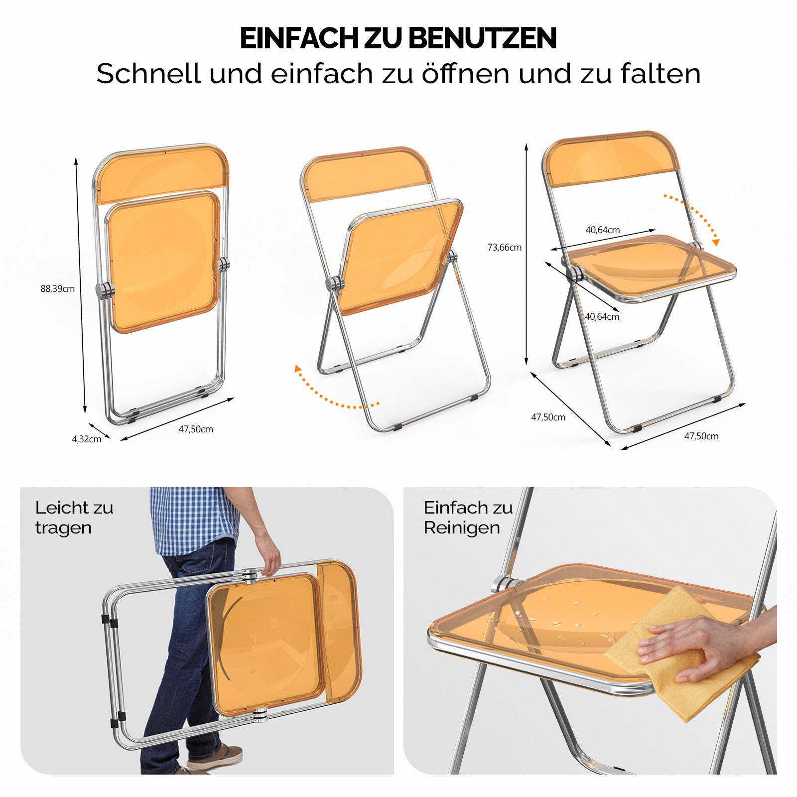 VINGLI Klappstuhl 2er/4er/6er/8er/10/12er Set, Klappstühle aus Metall & Kunststoff (2 St), für Innen- & Außenbereich, bis 159KG, Schwarz/Weiß/Transparent – Bild 3 von 5