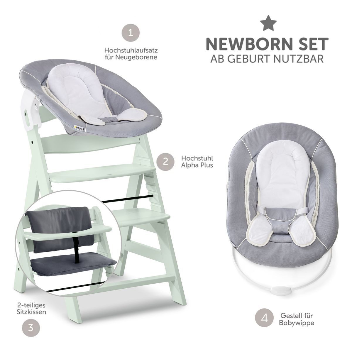 Hauck Hochstuhl Alpha Plus Mint - Newborn Set, Holz Babyhochstuhl ab Geburt inkl. Neugeborenenaufsatz & Sitzauflage