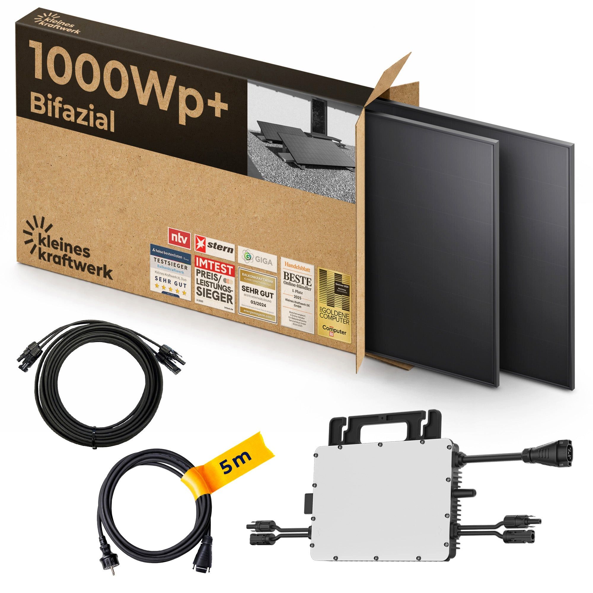 Kleines Kraftwerk Balkonkraftwerk, 1000 W, Monokristallin, (Flachdach/Garten, Solaranlage Komplettset mit Wechselrichter), 2 x 500W, Wechselrichter, Stromanschlusskabel, Solarverlängerungskabel