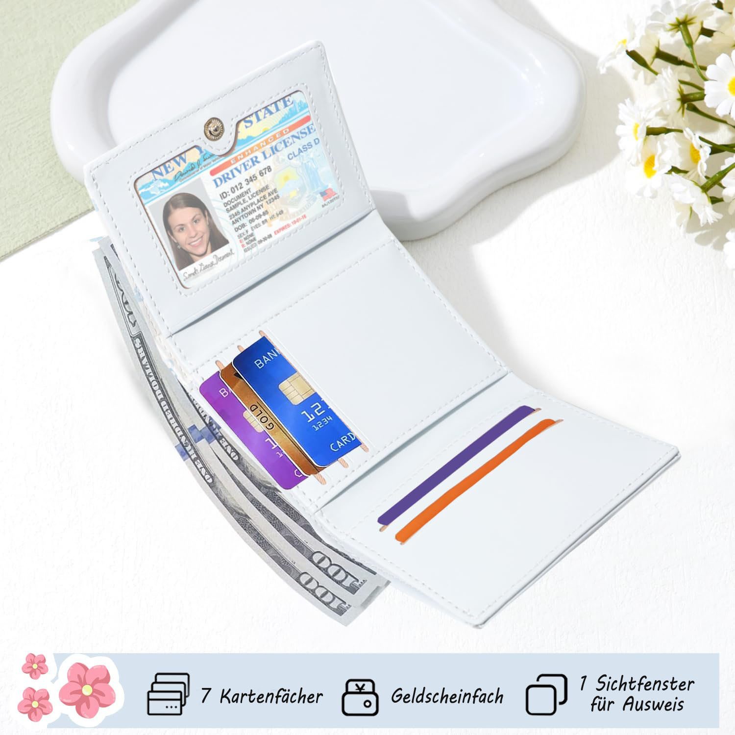 nsihing Geldbörse Geldbörse mit Blumenmuster und Schleife, niedliche Damen-Geldbörse, kleine Kurz-Geldbörse, mit mehreren Kartenfächern, Dreifach faltbar – Bild 2 von 5