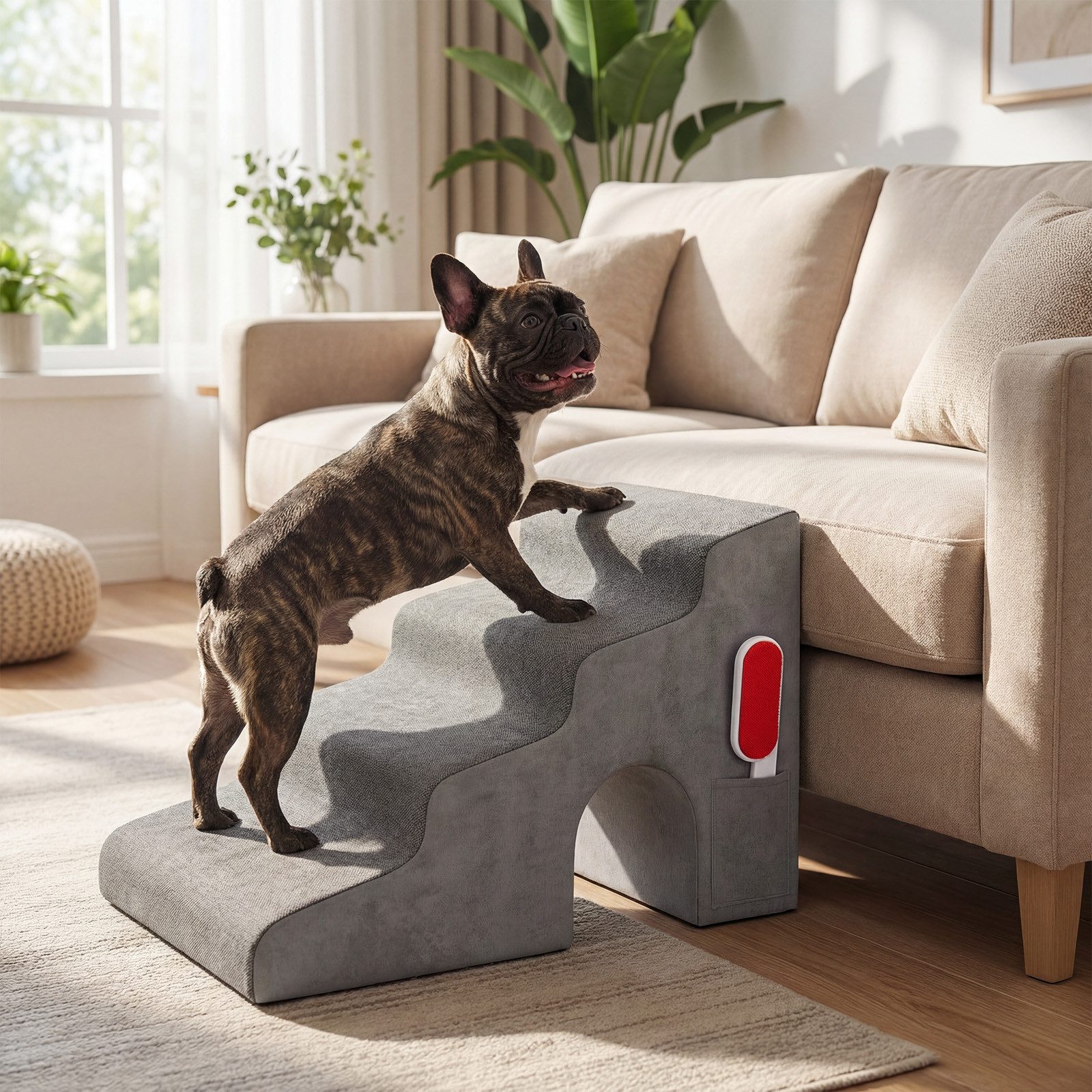 COSTWAY Haustiertreppe Hundetreppe, 4 Stufen (1-St), Katzentreppe mit Fusselbürste & Griff