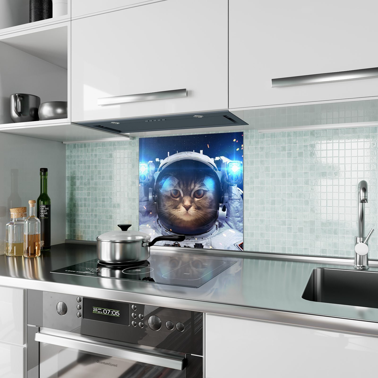 Primedeco Motiv mit Astronauten Küchenrückwand Katze Glas Küchenrückwand Spritzschutz