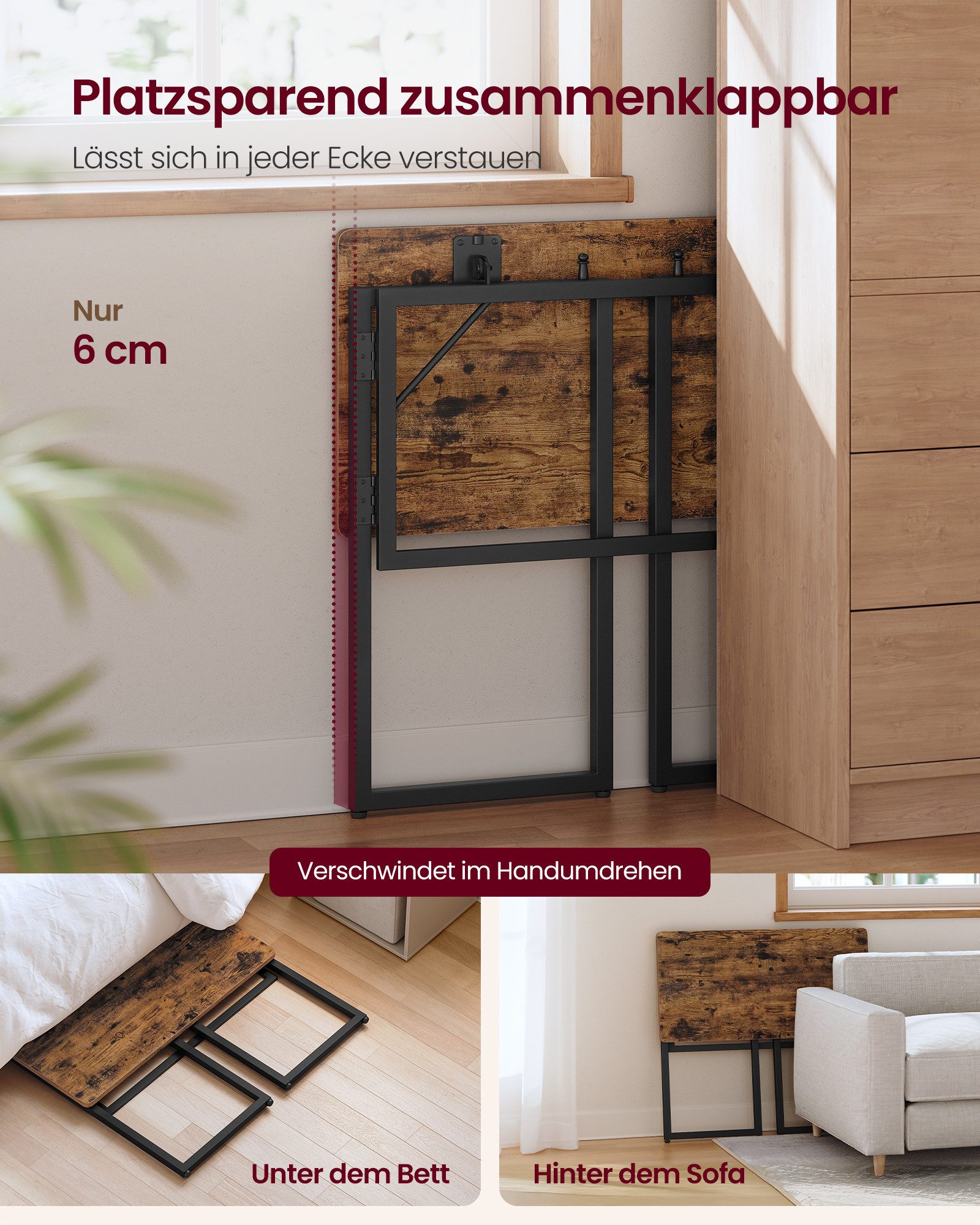 VASAGLE Schreibtisch Klapptisch, kleiner Schreibtisch klappbar, Computertisch, Tischplatte aus einem Stück, abgerundete Ecken, Tisch