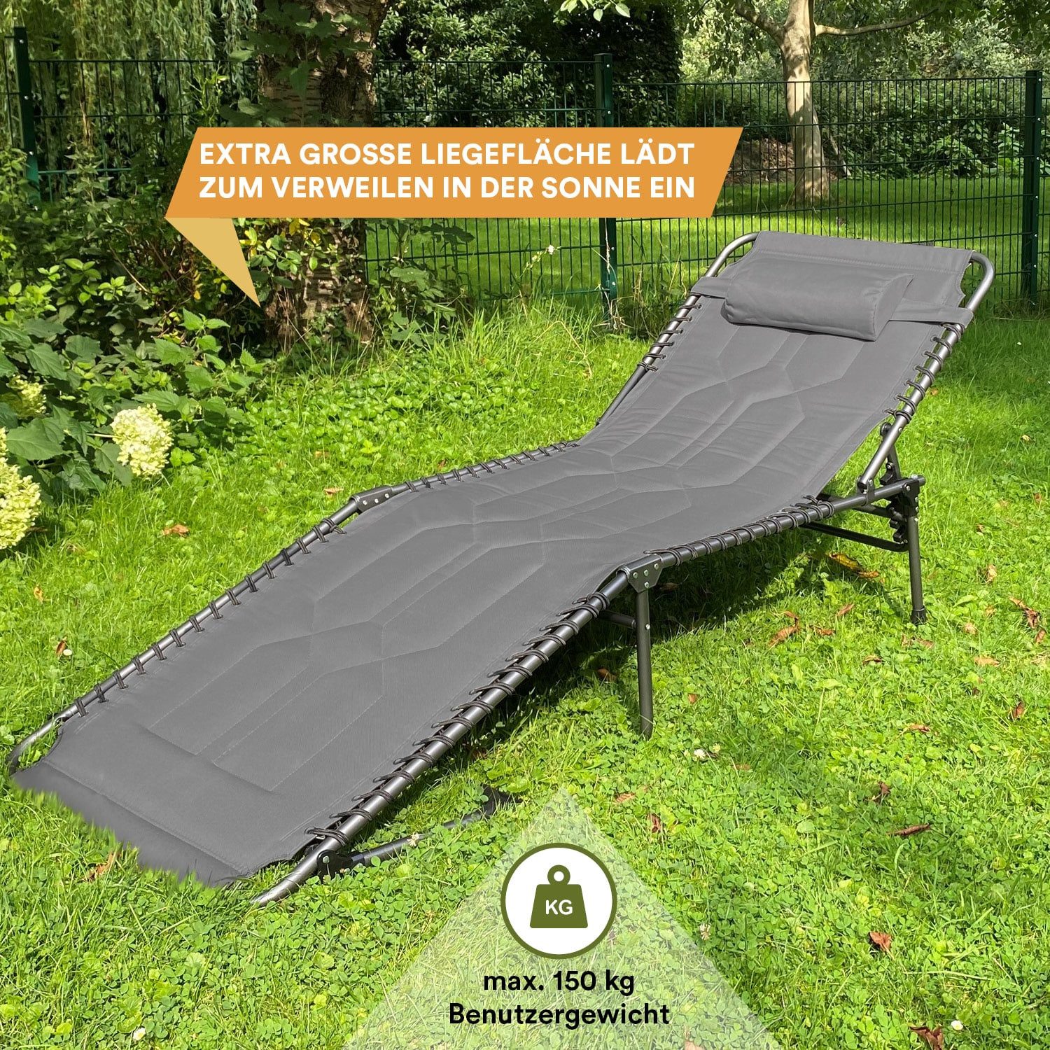 Skandika Campingliege Torget Feldbett, Campingbett, Klappbare Sonnenliege, gepolstert (wasserabweisend, Stahlgestell, Dreifacher Faltmechanismus) 5-Fach verstellbares Kopfteil, mit abnehmbarem Kopfkissen, bis 150 kg