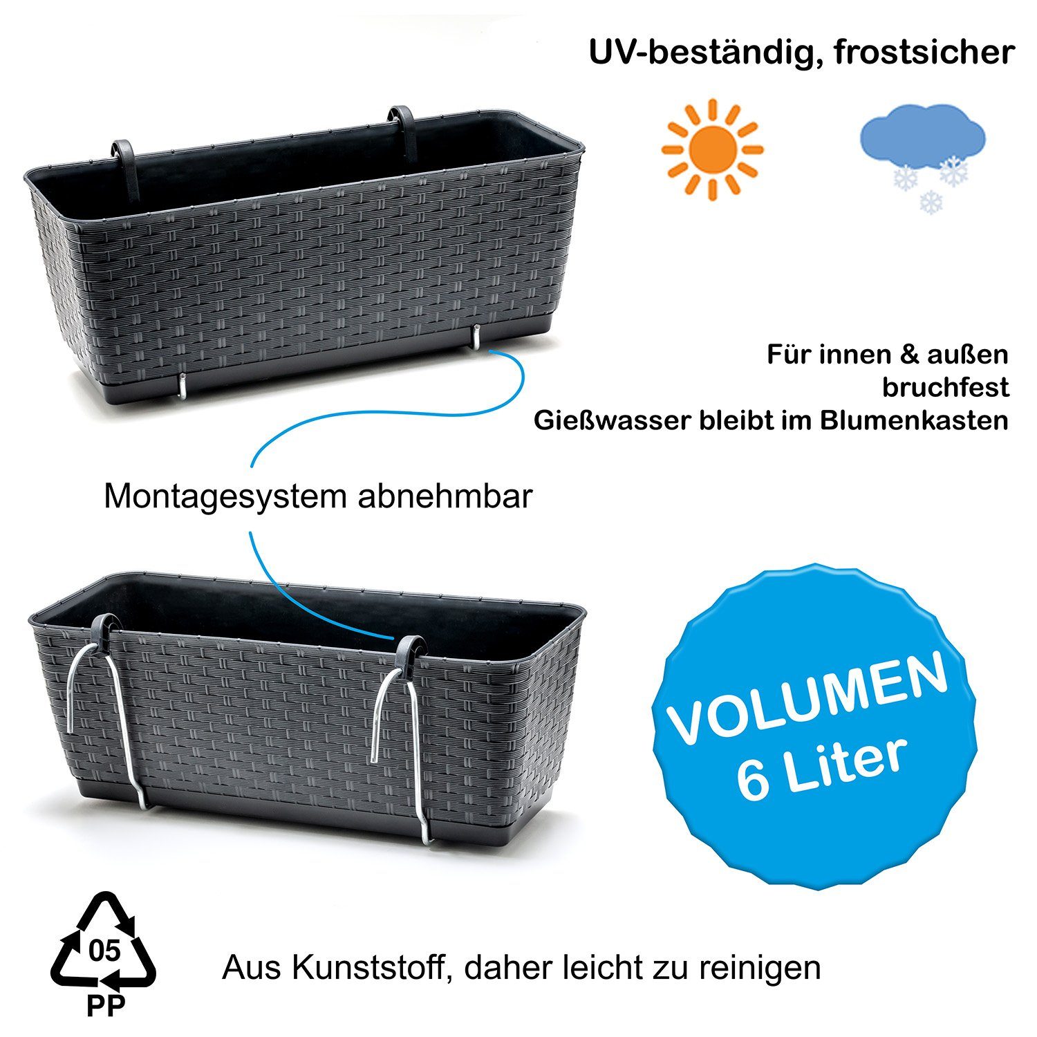 BigDean Blumenkasten 2x Bewässerungssystem + Halterung Rattan-Optik Anthrazit 39x15,5x14cm (Set, 2 St., Balkonkästen), Bruchfest, Bewässerungssystem, Wasserspeicher, Halterung