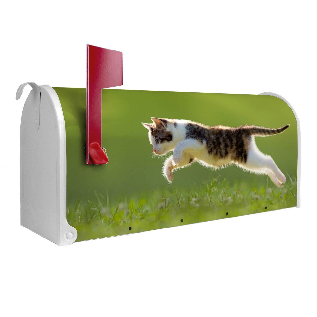 banjado Amerikanischer Briefkasten Mailbox Jagende Katze (Amerikanischer Briefkasten, original aus Mississippi USA), 22 x 17 x 51 cm weiß