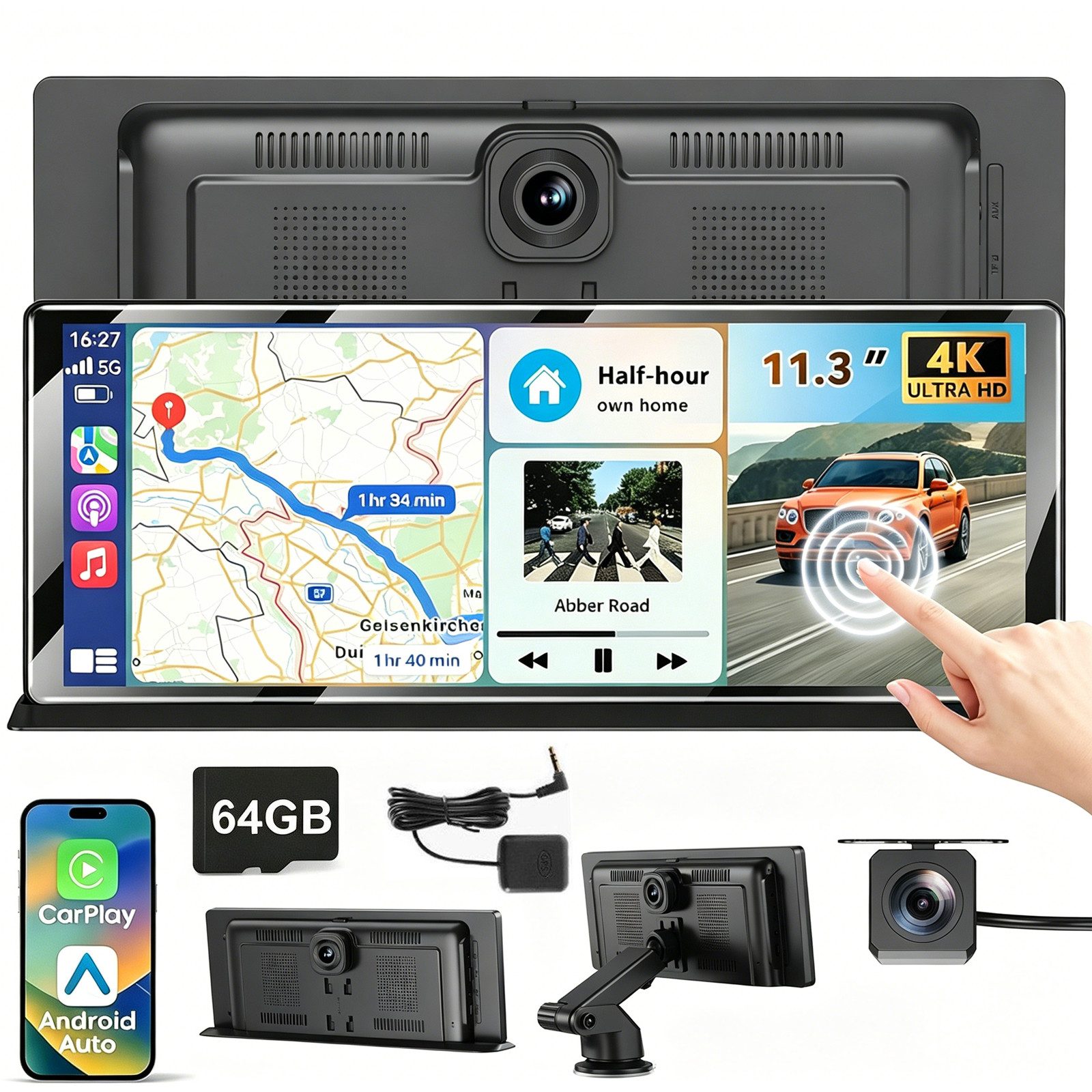 ESSGOO 4K 11.3'' Wireless Carplay Android Auto Dashcam mit Rückfahrkamera GPS Navigationsgerät (Apple Carplay Android Auto GPS Navi WIFI BT EQ)
