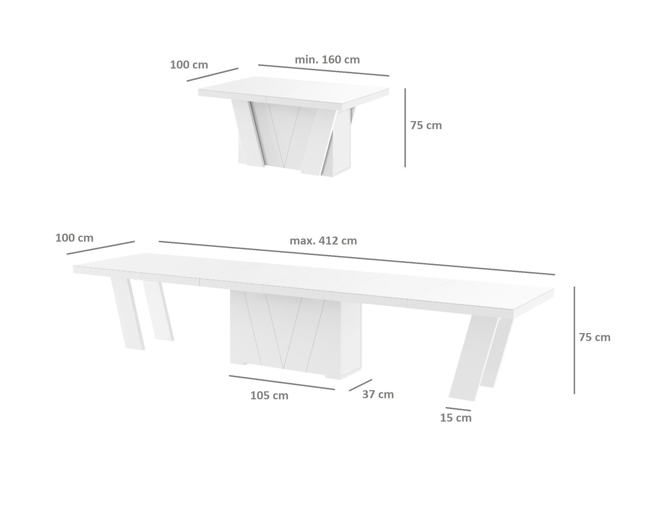 designimpex Esstisch Design Konferenztisch Hochglanz Weiß ausziehbar Hochglanz HEG-111 Tisch XXL Hochglanz Marmoroptik - 160-412cm