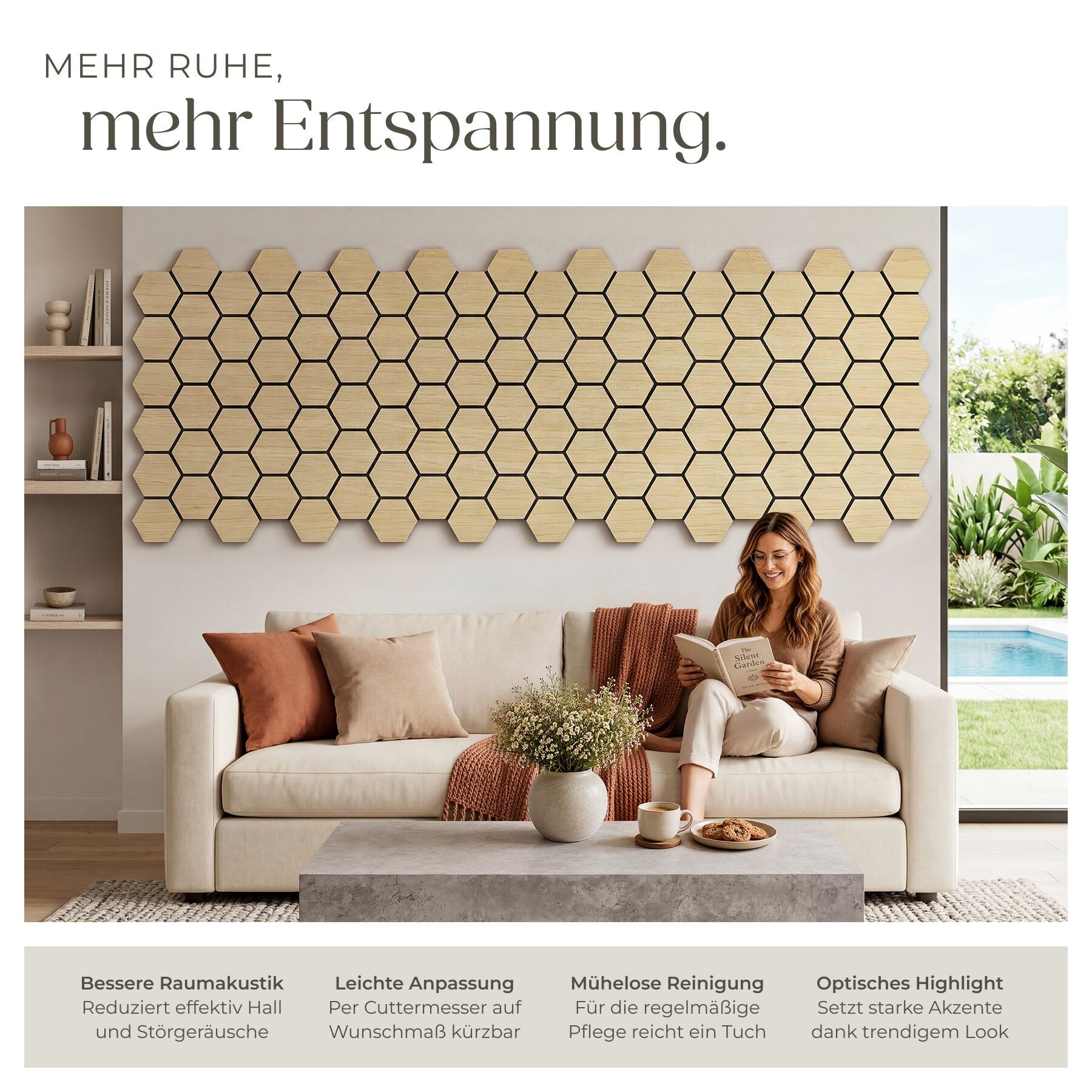 tectake Wandpaneel Schallabsorbierendes Akustikelement in Eiche hell, zuschneidbar, MDF, BxL: 62x76 cm, 0.47 qm, (Akustikpaneele Selbstklebend Sonic Shield, 6-tlg., in Eiche hell) Montage mit Kleber oder Schrauben, flexible Größe